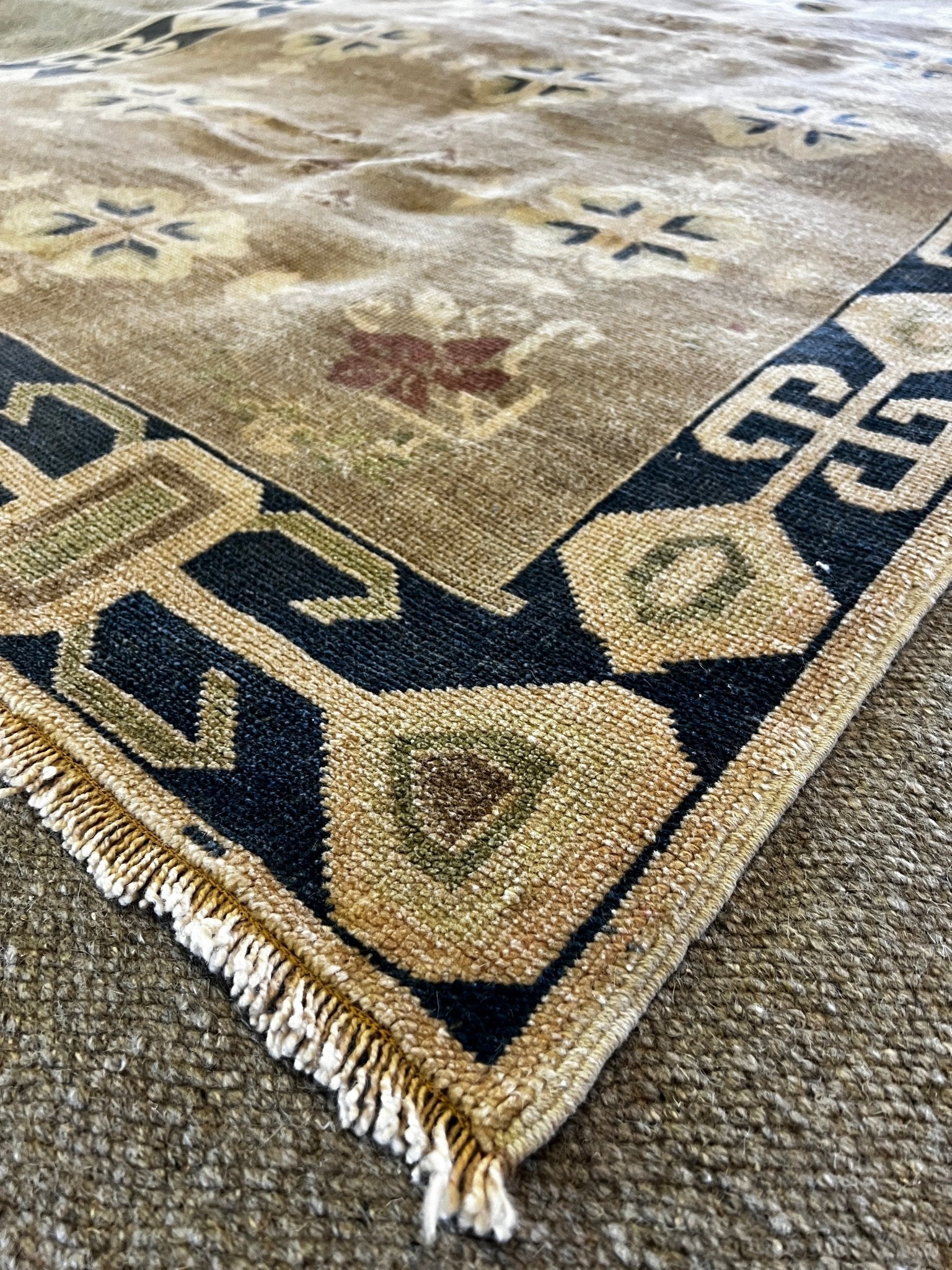 Vintage 4.3x8.2 Turkish Oushak Tan and Navy Blue Rug | Banana Manor Rug Factory Outlet