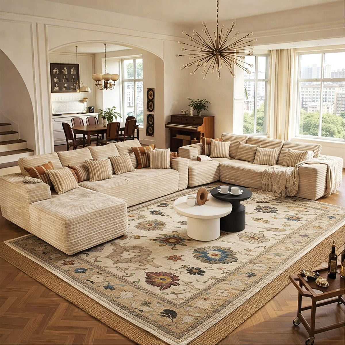 Hand-knotted Oushak rug in a styled living room