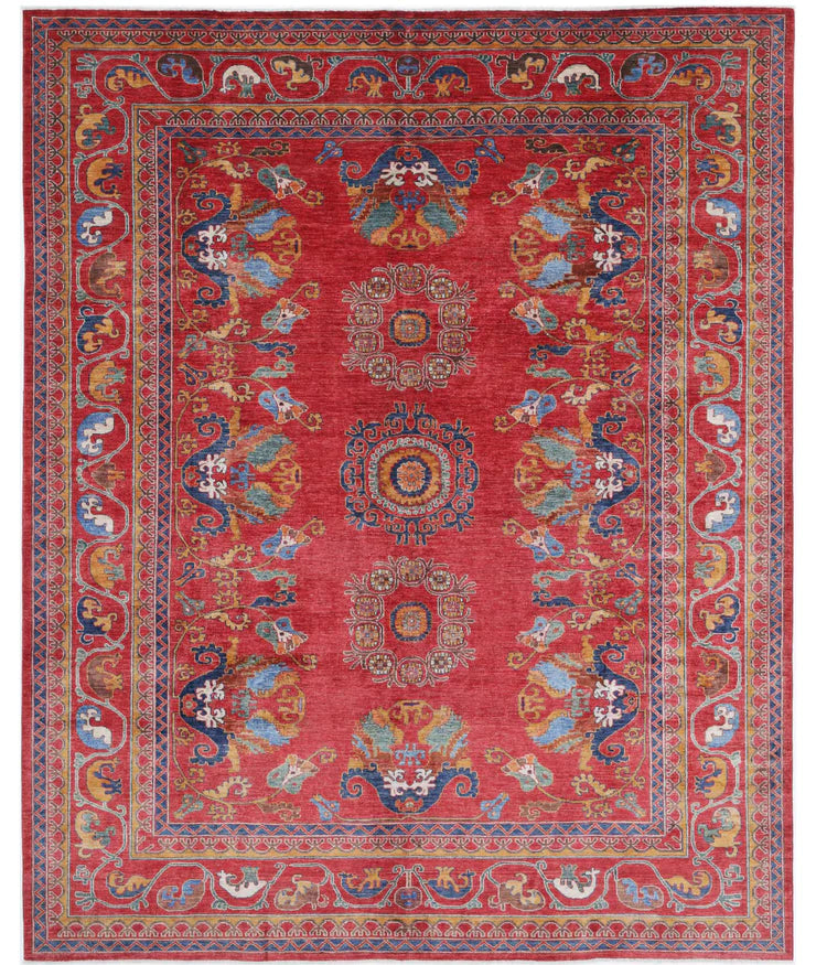 Amy Burley 9.5x11.6 Red and Blue Hand-Knotted Nomadic Caucasian Humna Wool Rug