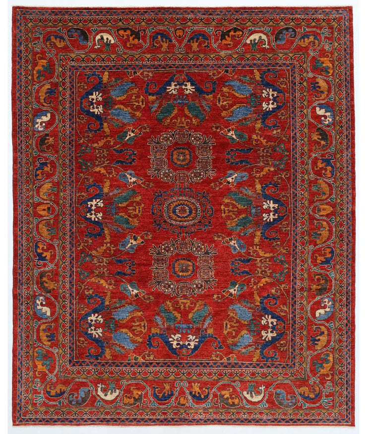 Dawn Green 8.4x10.3 Red and Blue Hand-Knotted Nomadic Caucasian Humna Wool Rug