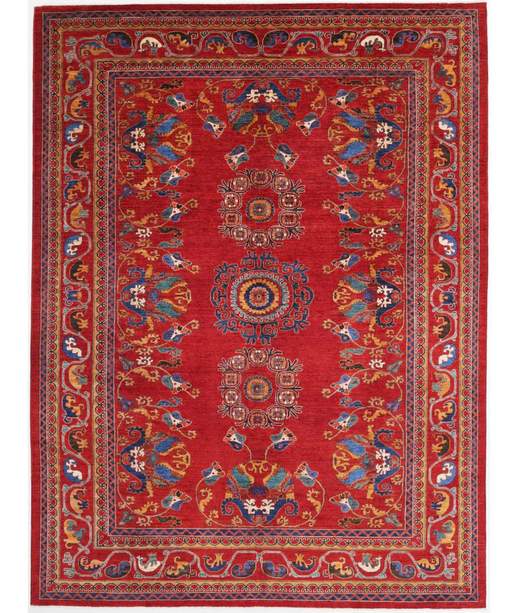 Luna Garza 10.5x14.1 Red and Blue Hand-Knotted Nomadic Caucasian Humna Wool Rug