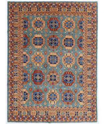 Deborah Schoeneman 8.11x11.9 Rust and Blue Hand-Knotted Humna Rug