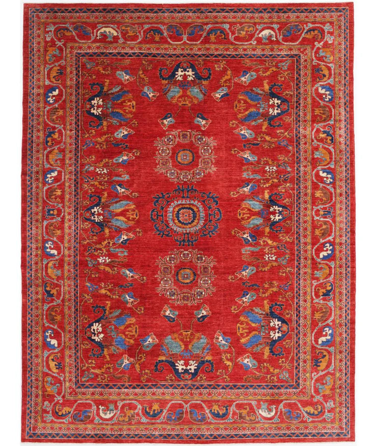 Lettie Mae 10.3x13.10 Red and Blue Hand-Knotted Nomadic Caucasian Humna Wool Rug