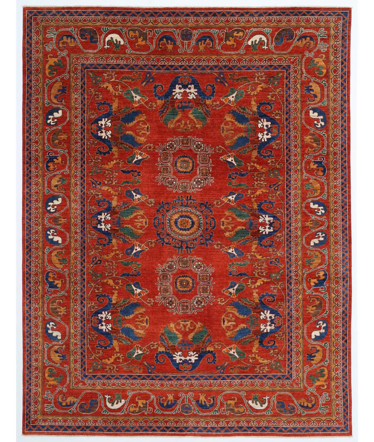 Debbie Pelt 9x11.9 Rust and Blue Hand-Knotted Nomadic Caucasian Humna Wool Rug