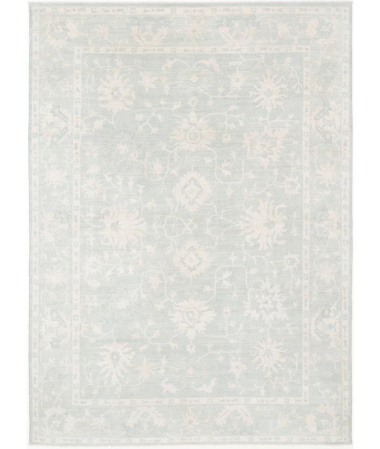 Claudette 9.5x13.2 Ivory and Green Hand-Knotted Oushak Rug