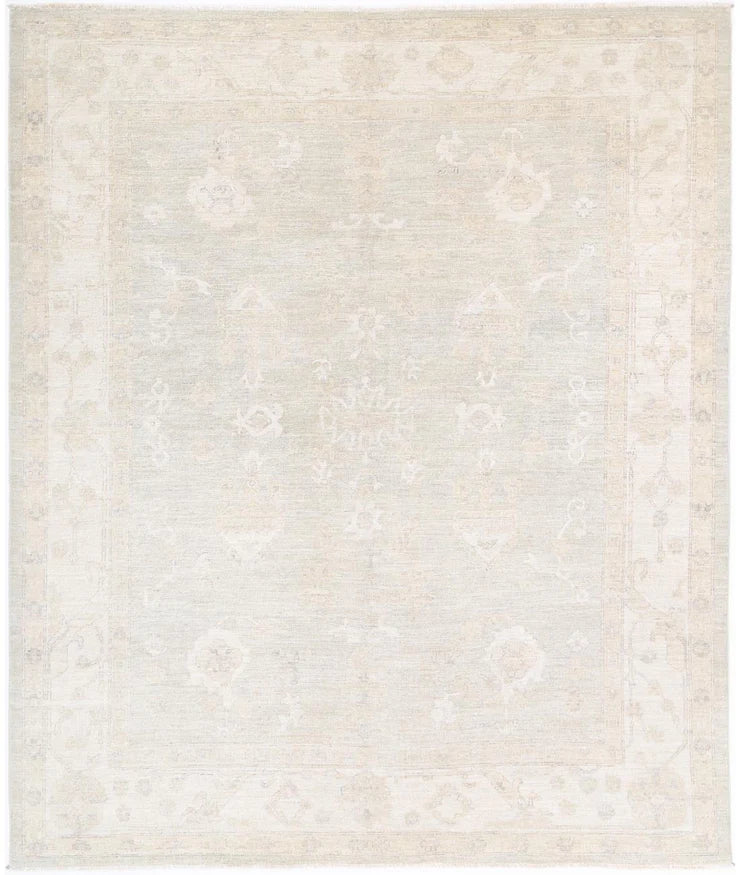 Salome Agrippa 8.5x10.3 Ivory and Green Hand-Knotted Oushak Rug