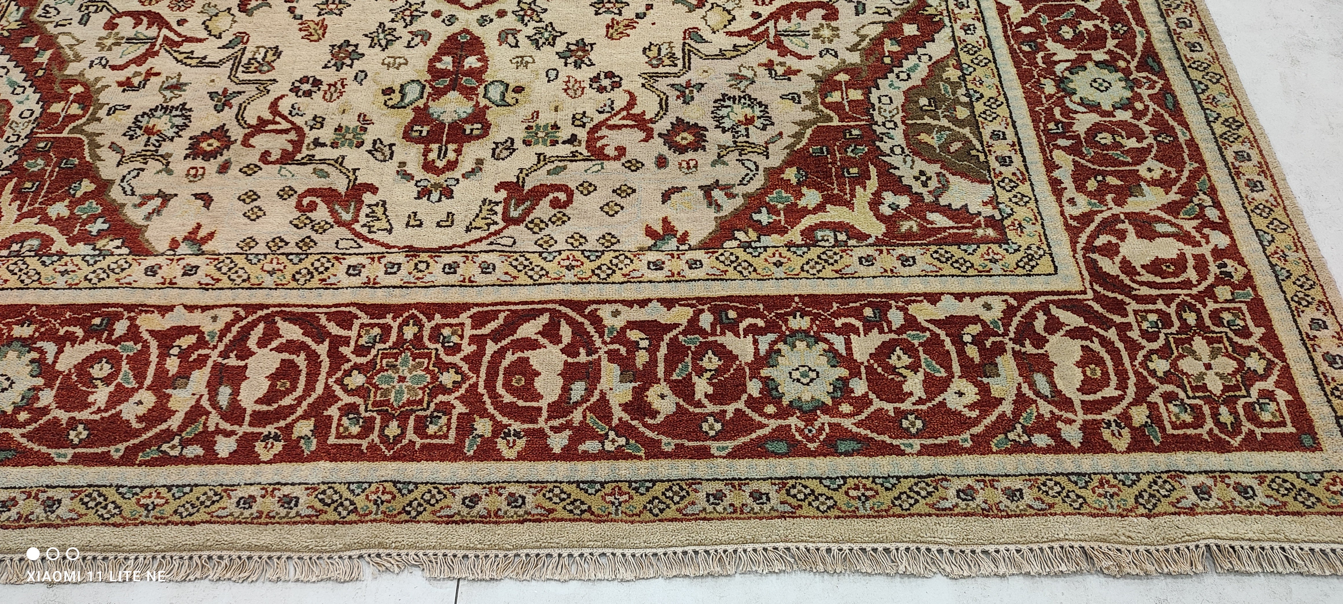 Zara Nikou Sichani 8x10 Ivory and Red Hand-Knotted Kashan Rug