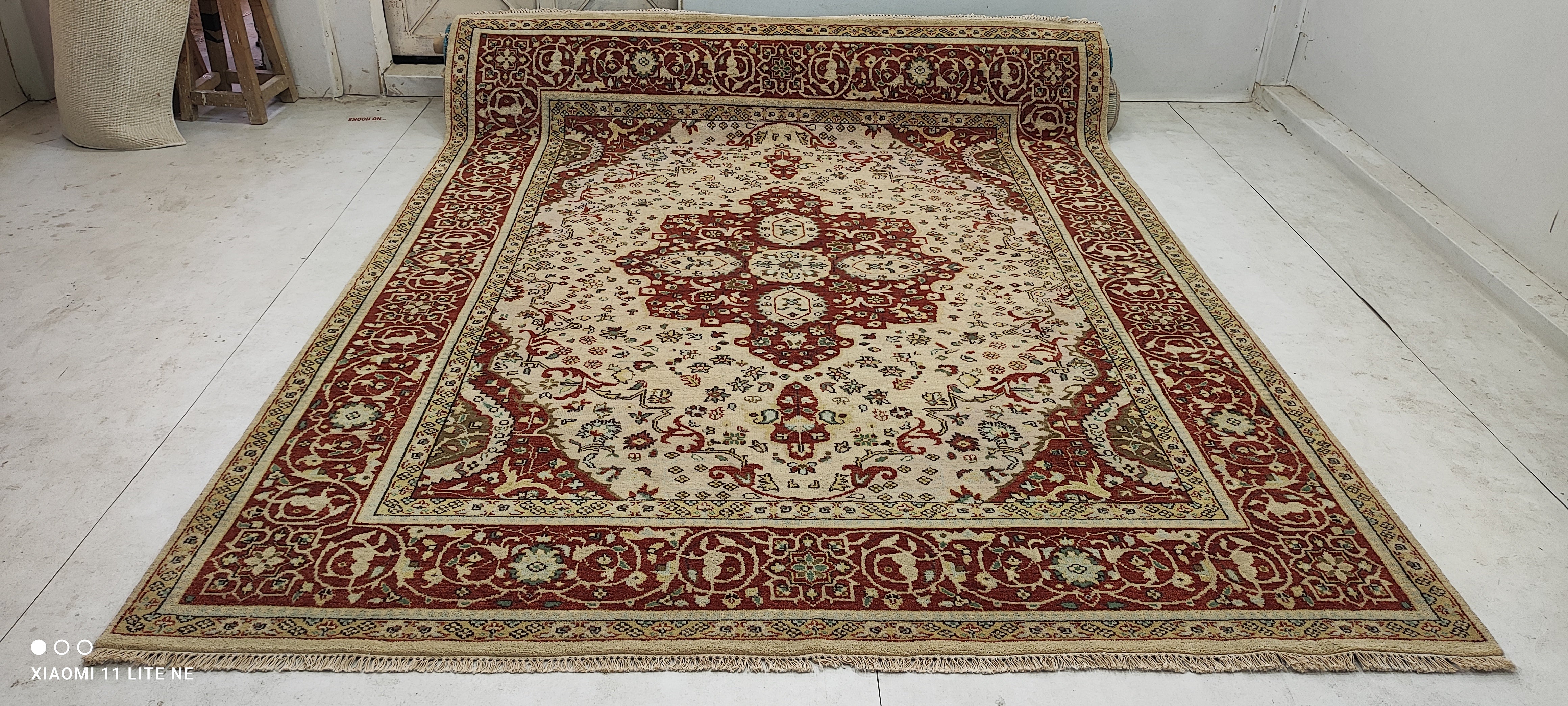 Zara Nikou Sichani 8x10 Ivory and Red Hand-Knotted Kashan Rug