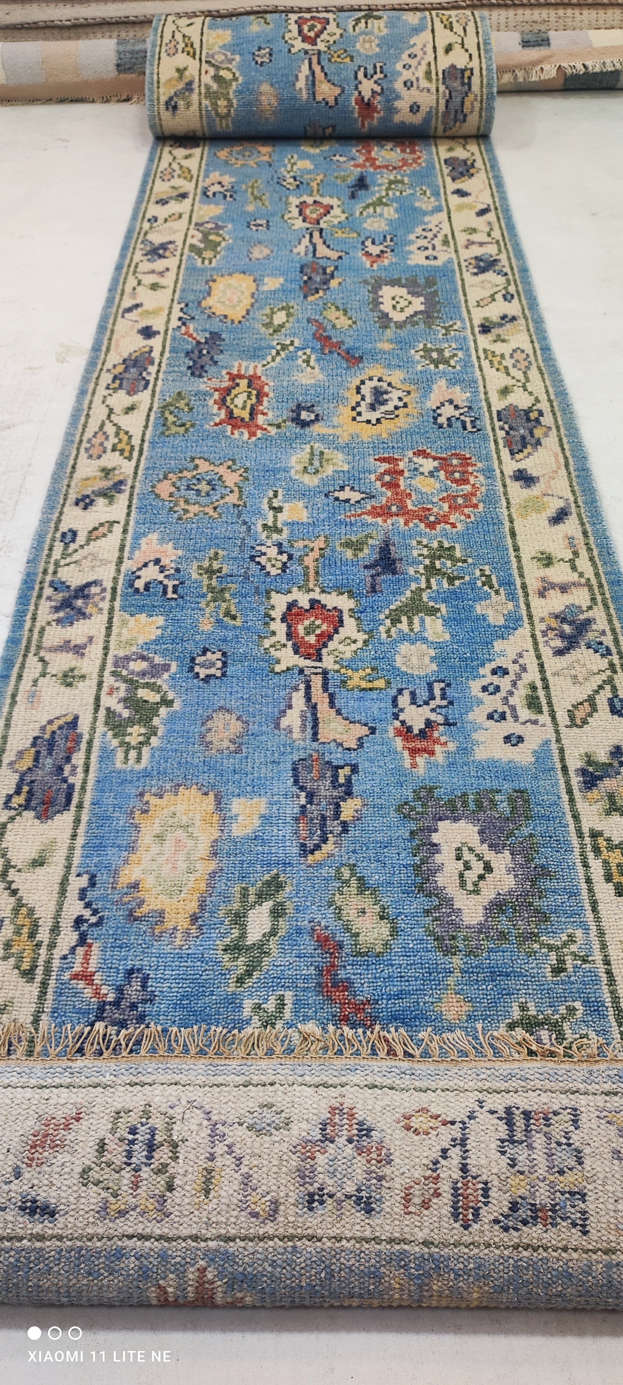 Michelle Choi-Lee 3x16.6 Hand-Knotted Blue and Beige Oushak Runner