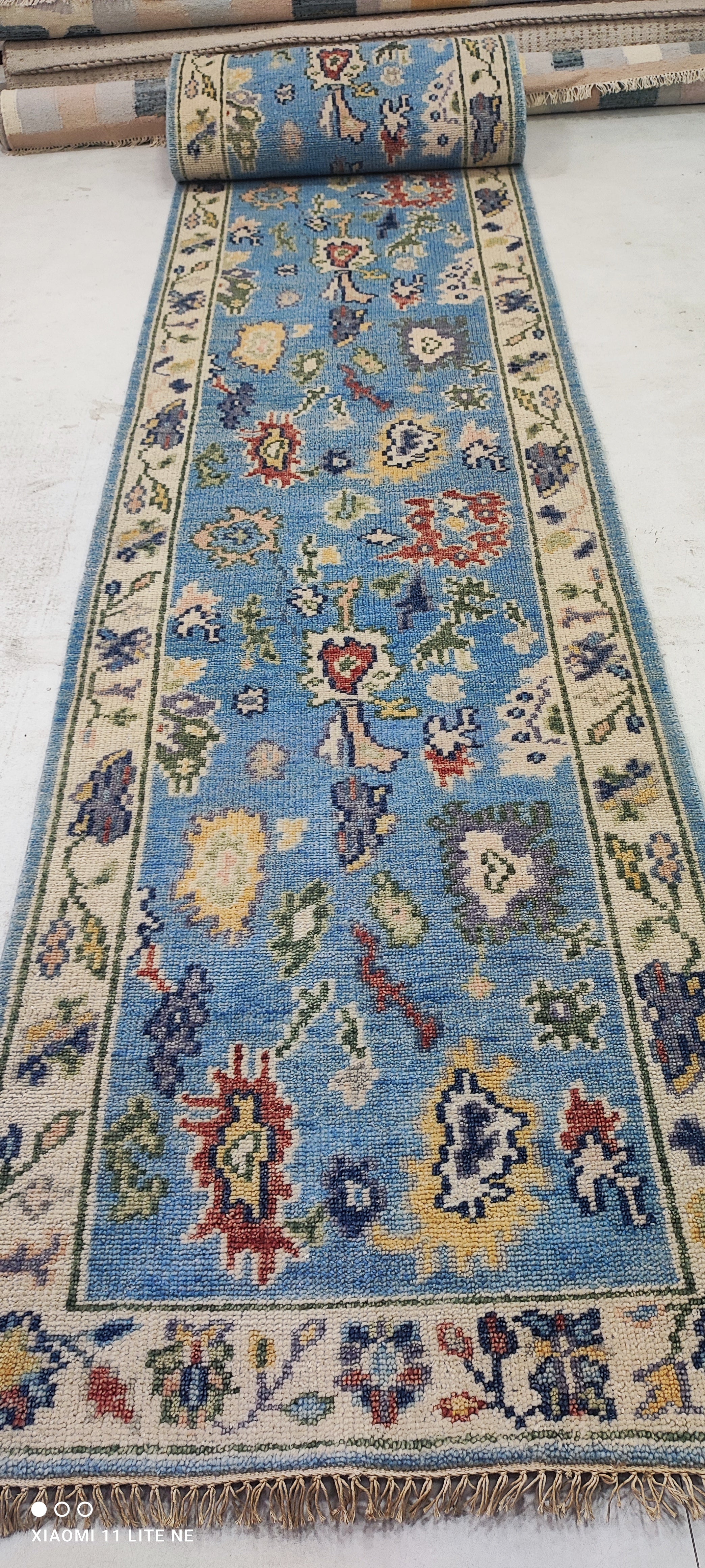 Michelle Choi-Lee 3x16.6 Hand-Knotted Blue and Beige Oushak Runner