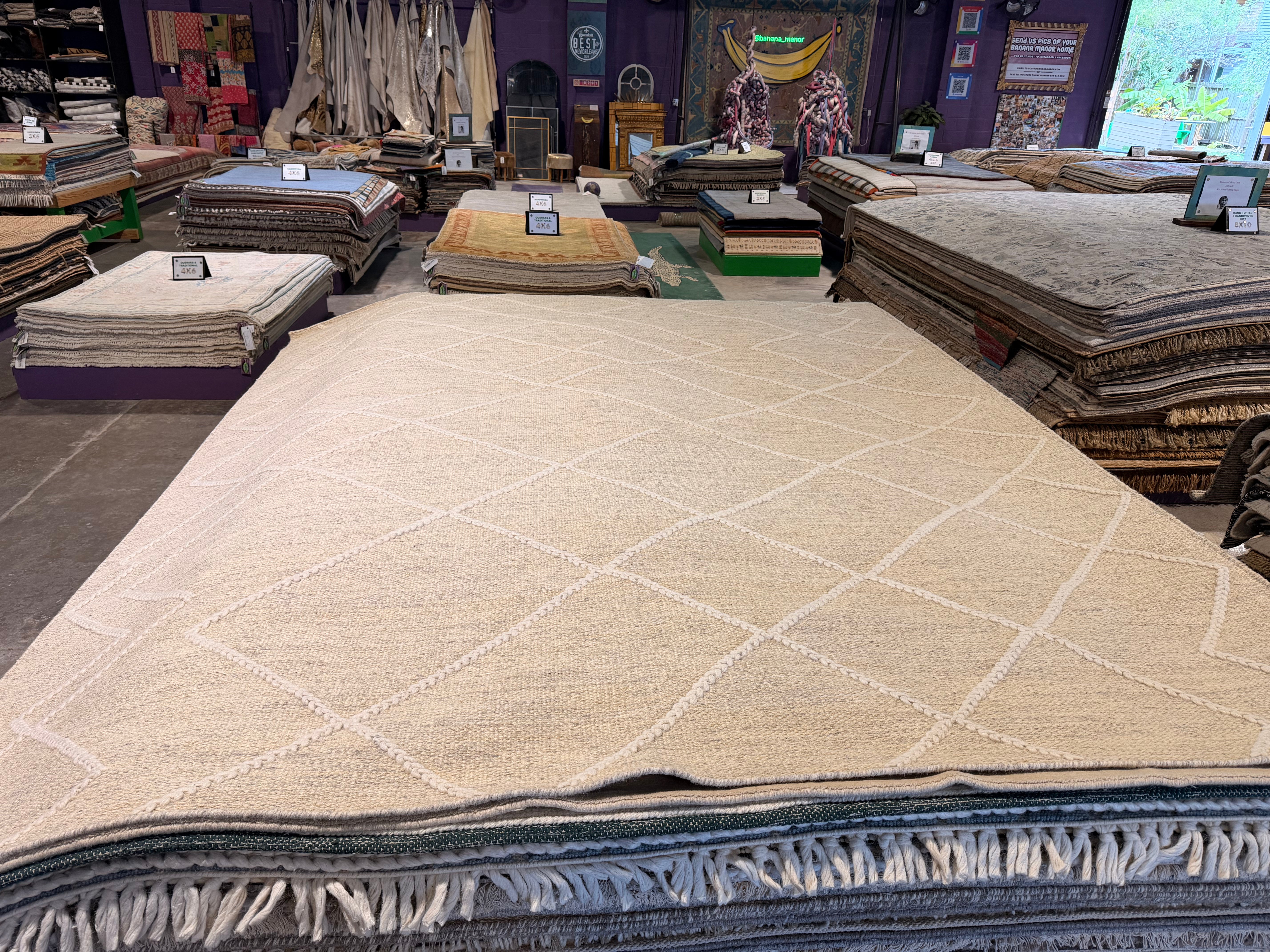 Finn O'Leary 8.3x10 Beige and Cream Handwoven Modern Durrie Rug CLEARANCE