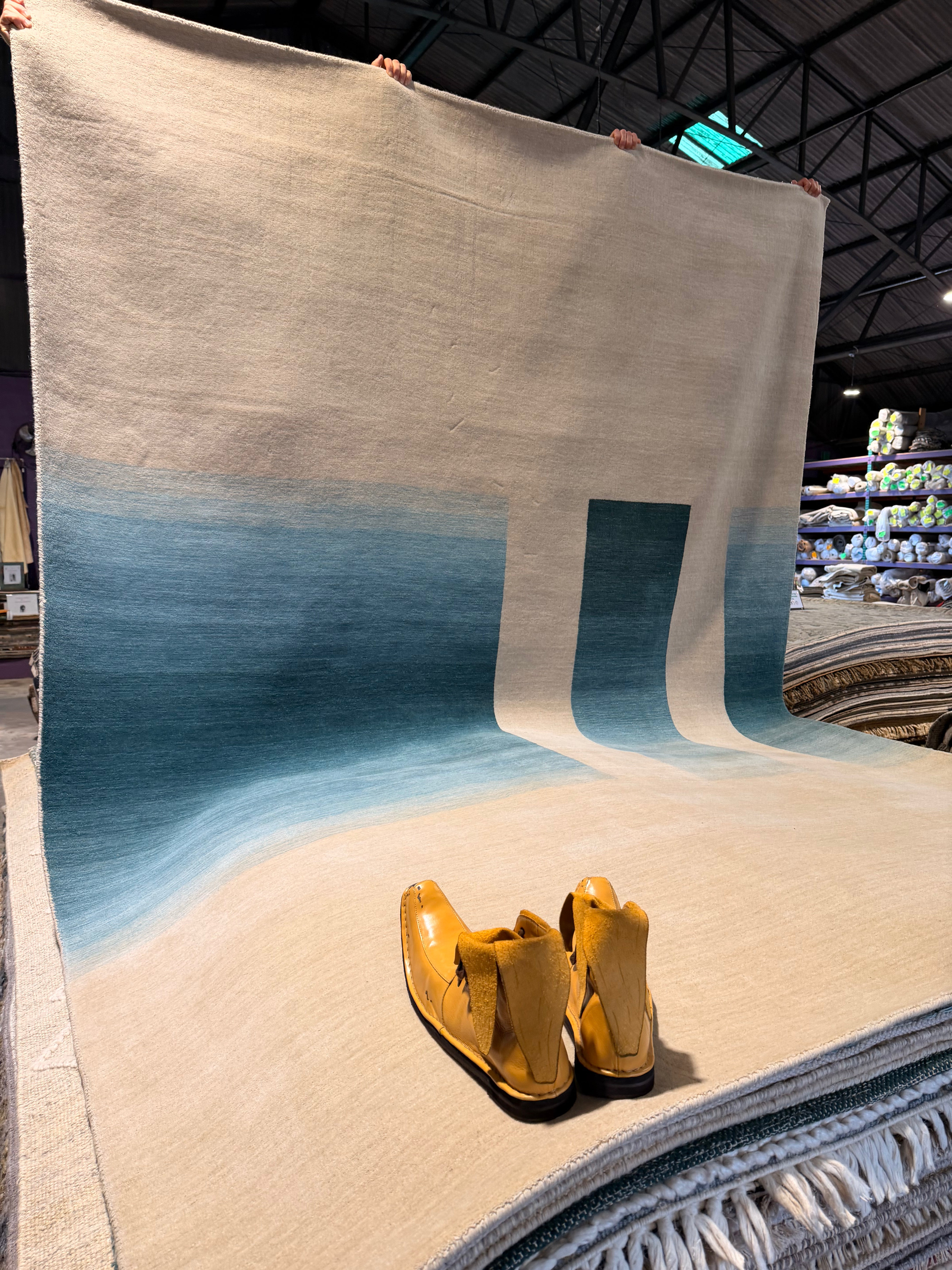 Aretha 8x11  Ivory and Blue Handwoven Modern Rug