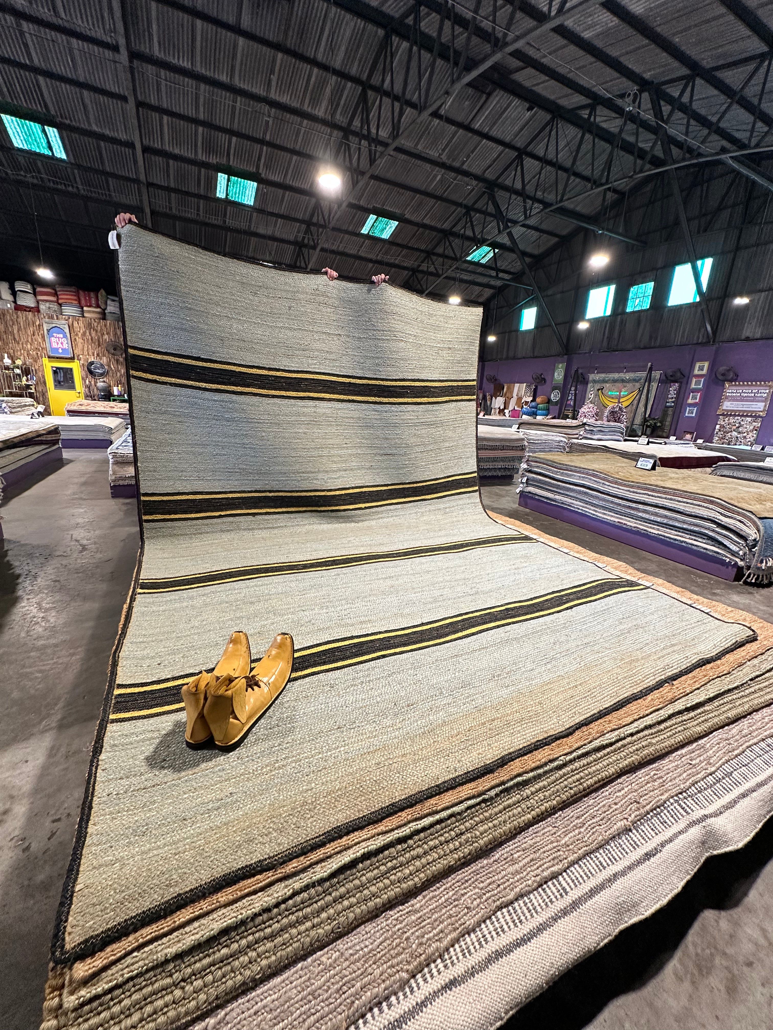 Murphy 'Murph' Dunne 9x12.6 Handwoven Light Green Striped Jute Rug