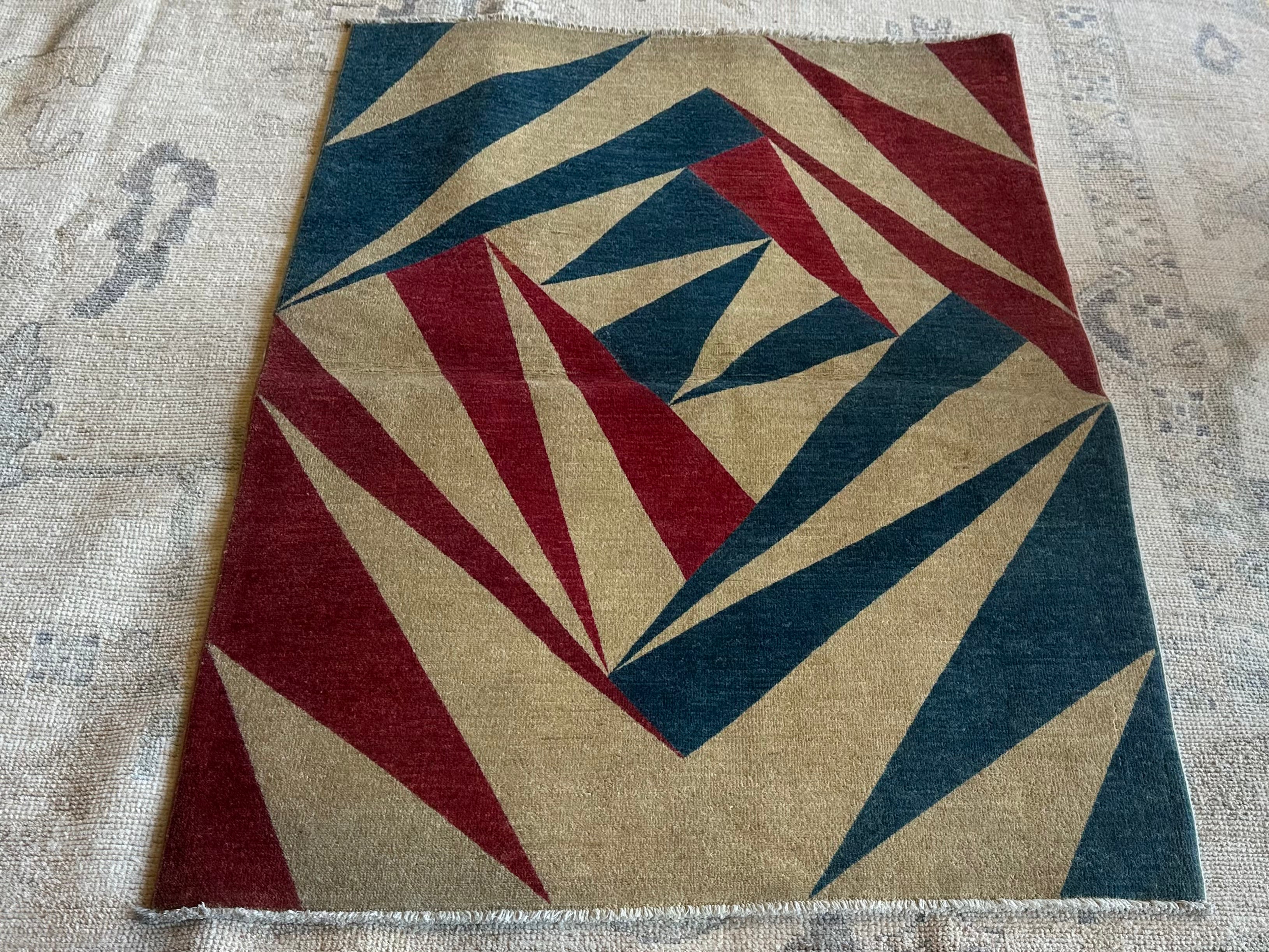 Erin Stewart Tiedje 3.3x4.9 Blue and Red Hand-Knotted Farhan Rug