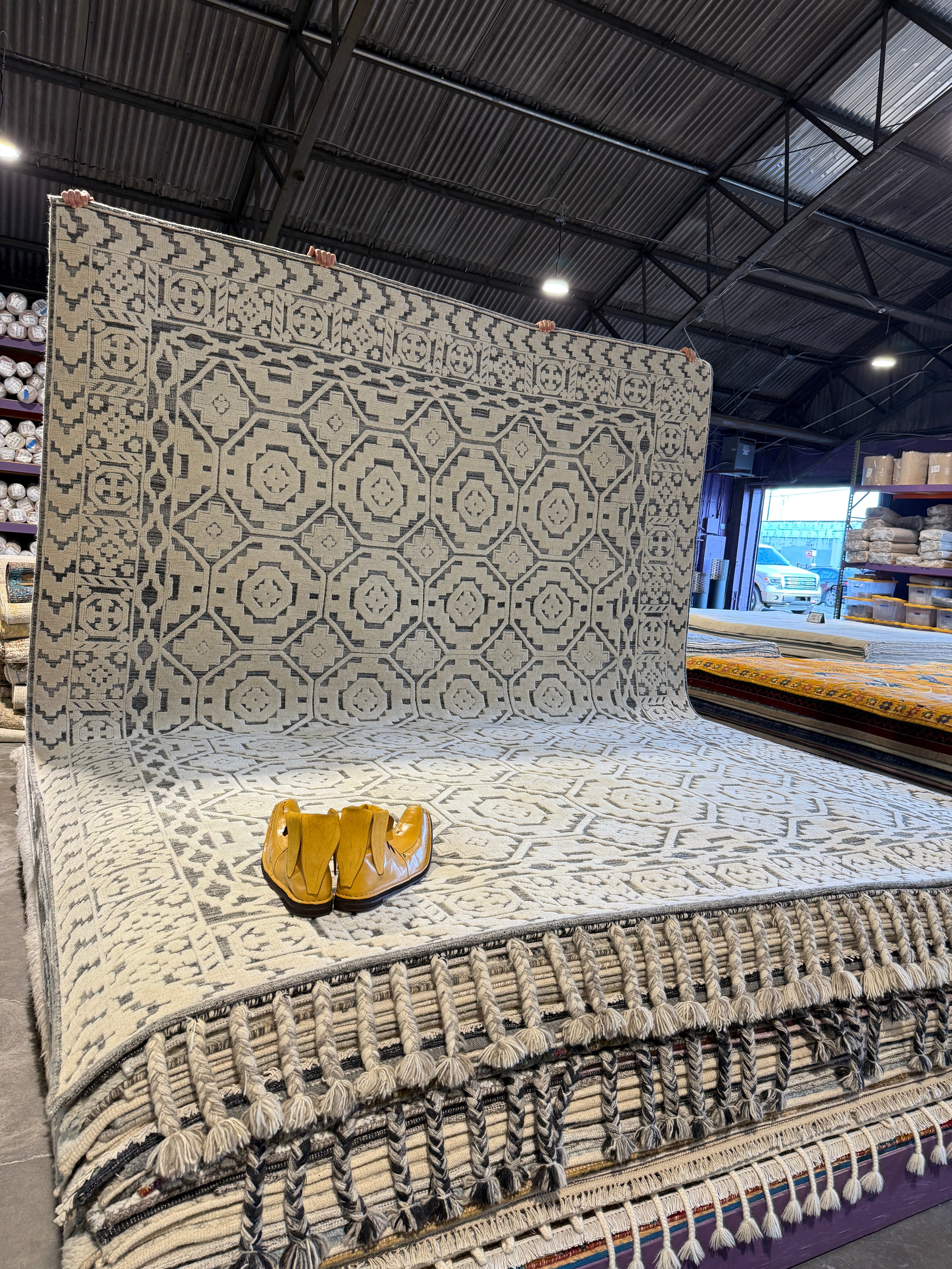 C Note 9.3x12 Hand-Knotted Modern Rug Ivory and Dark Grey High-Low