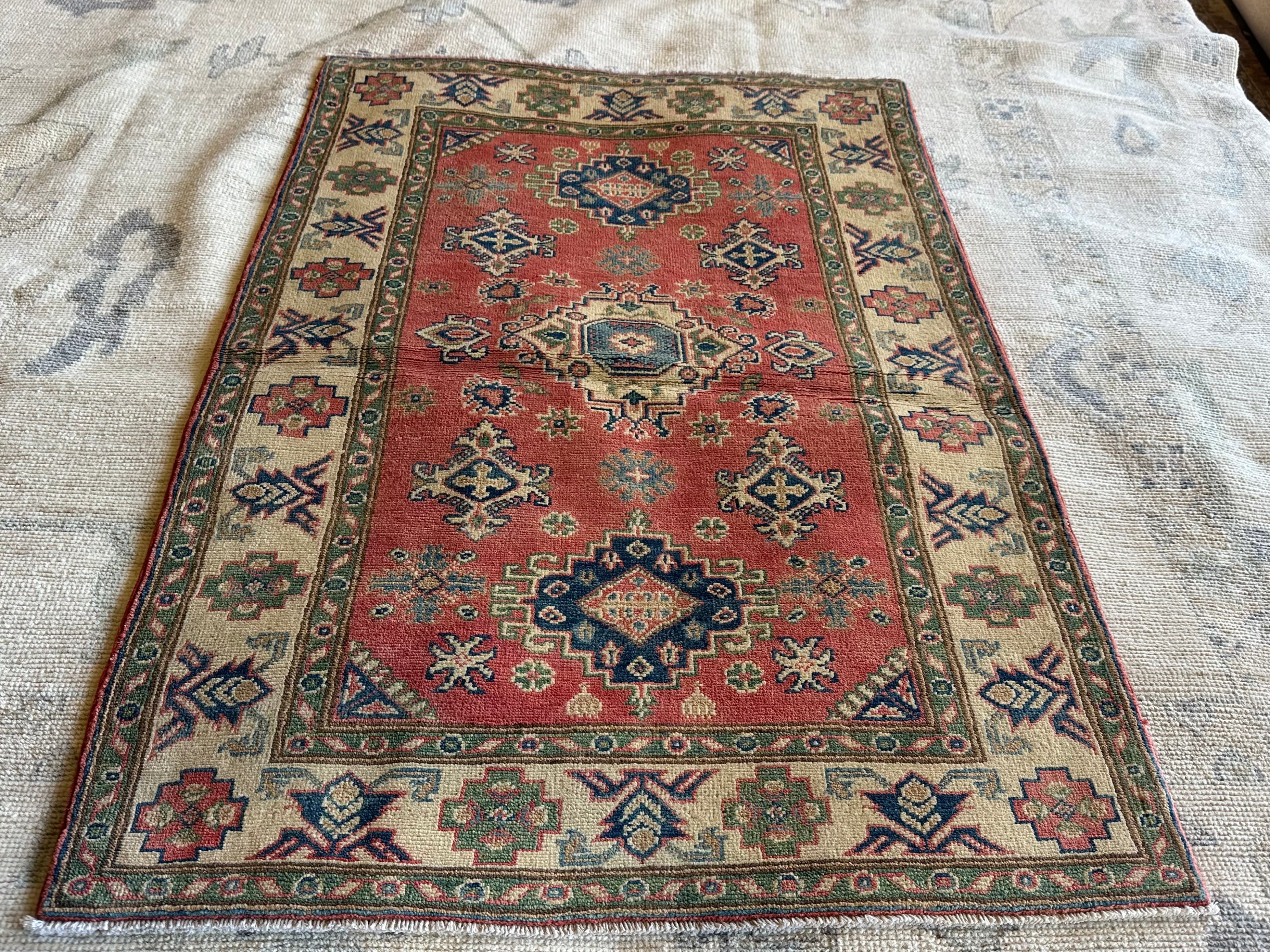 Isabelle Du 3.1x4.11 Red Hand-Knotted Kazak Rug