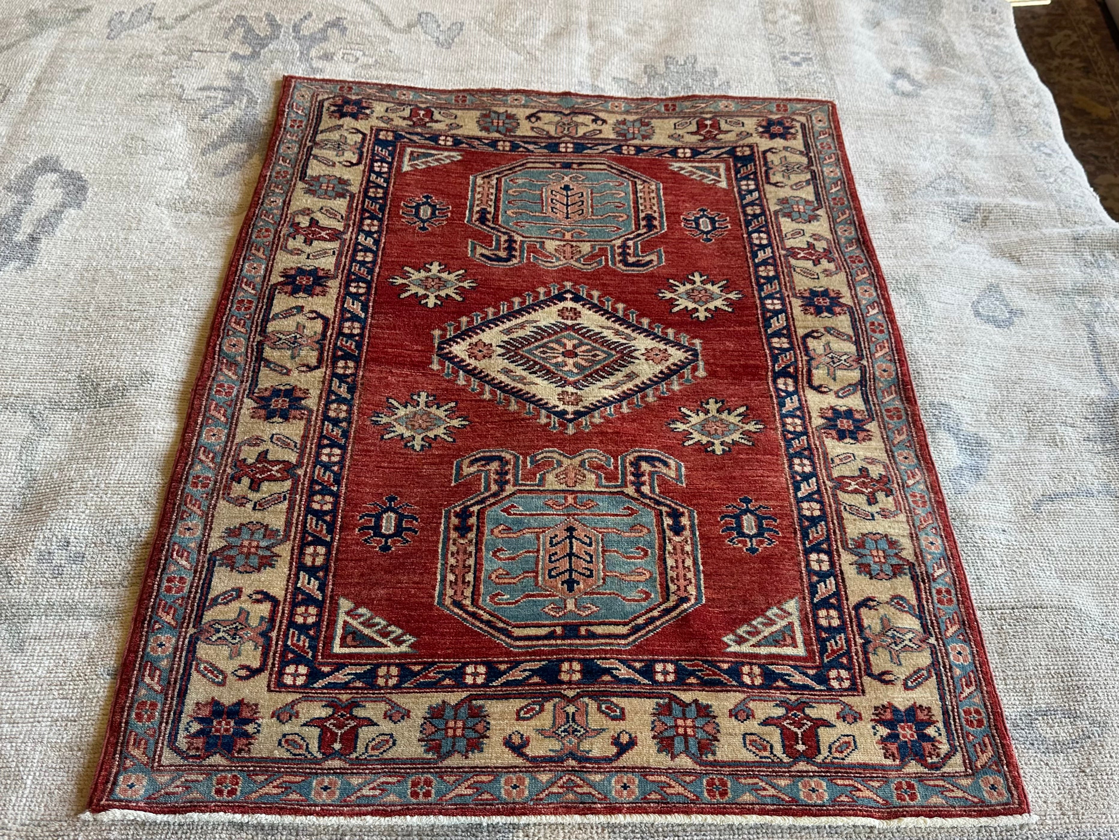 Michelle Fisichella 3.2x4.9 Red Hand-Knotted Kazak Rug