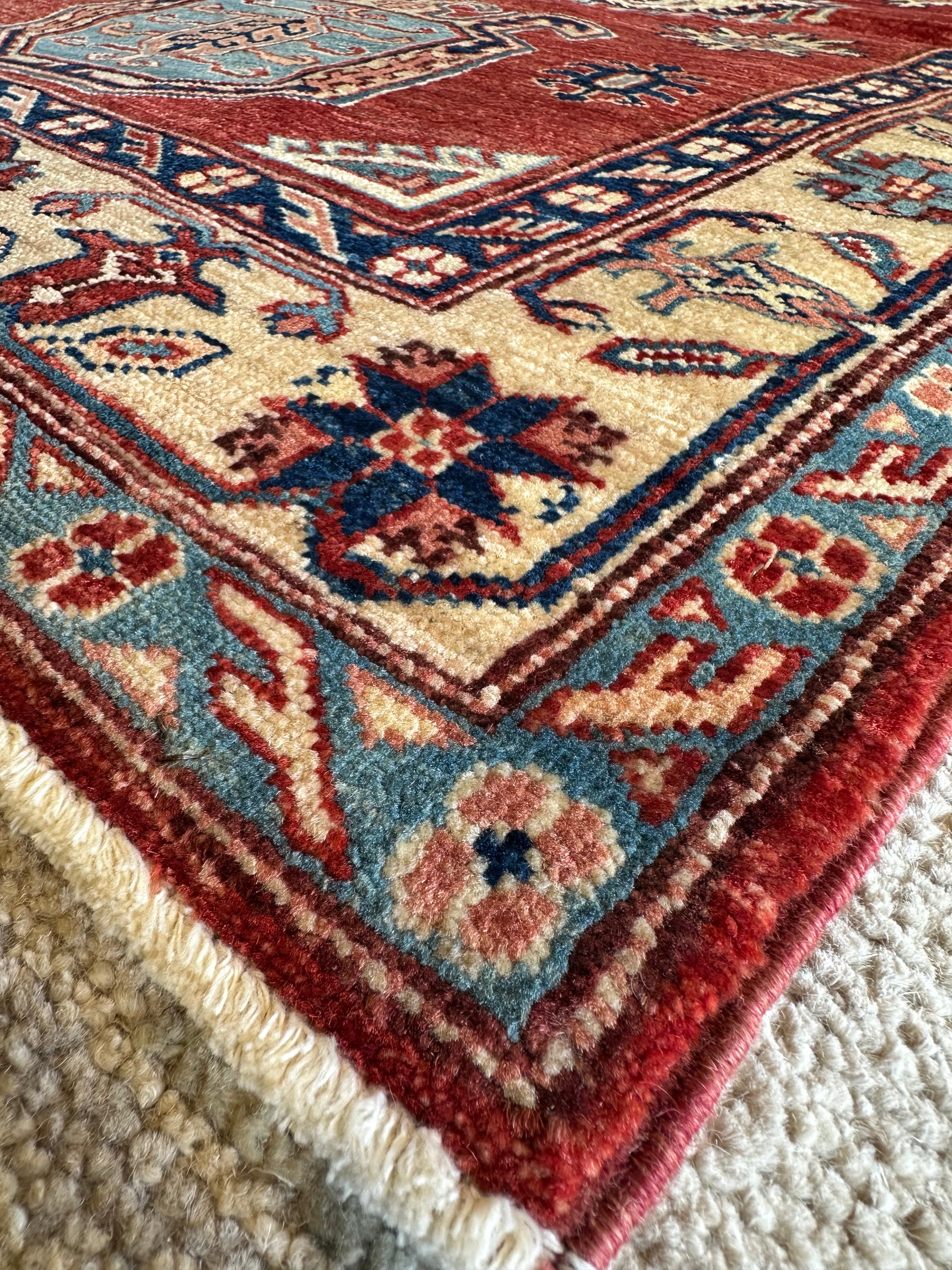 Michelle Fisichella 3.2x4.9 Red Hand-Knotted Kazak Rug