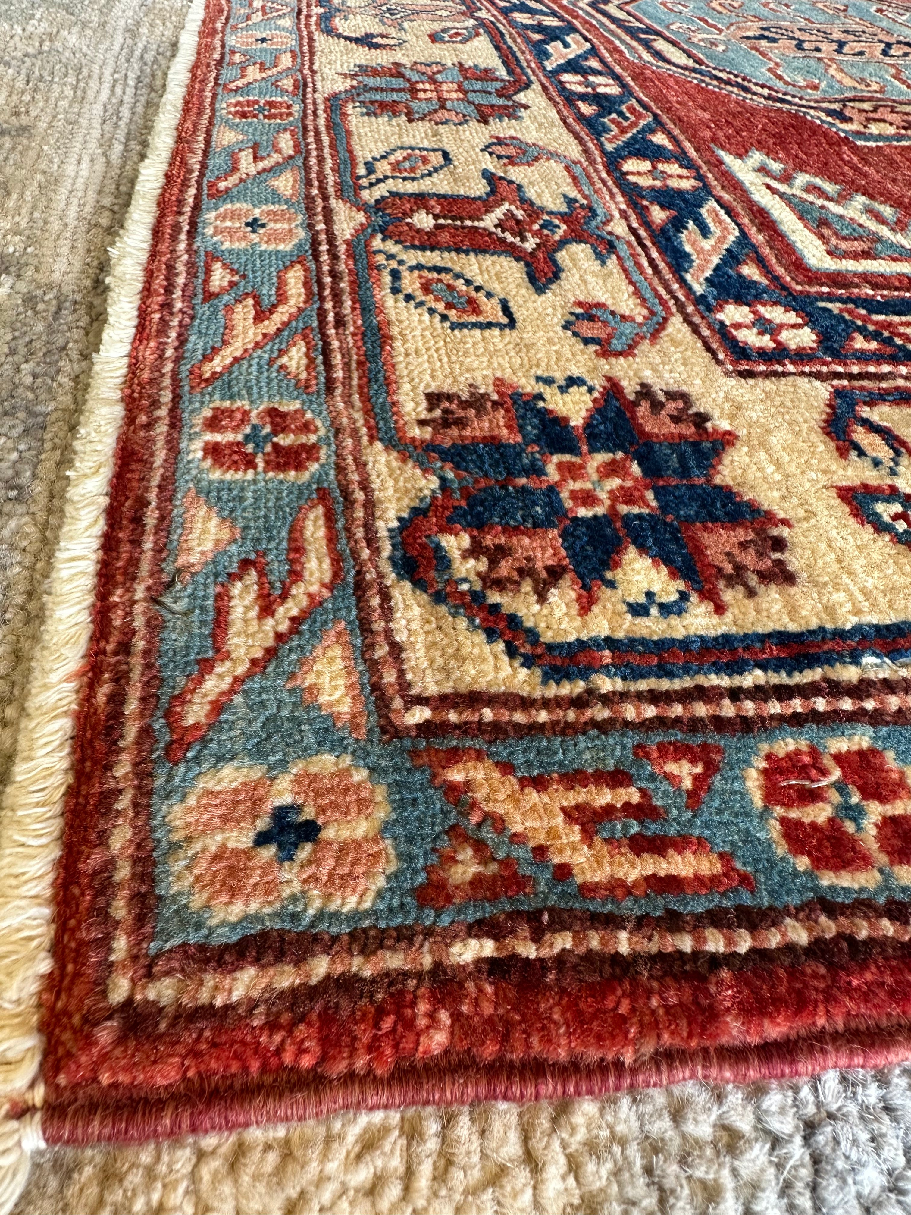 Michelle Fisichella 3.2x4.9 Red Hand-Knotted Kazak Rug