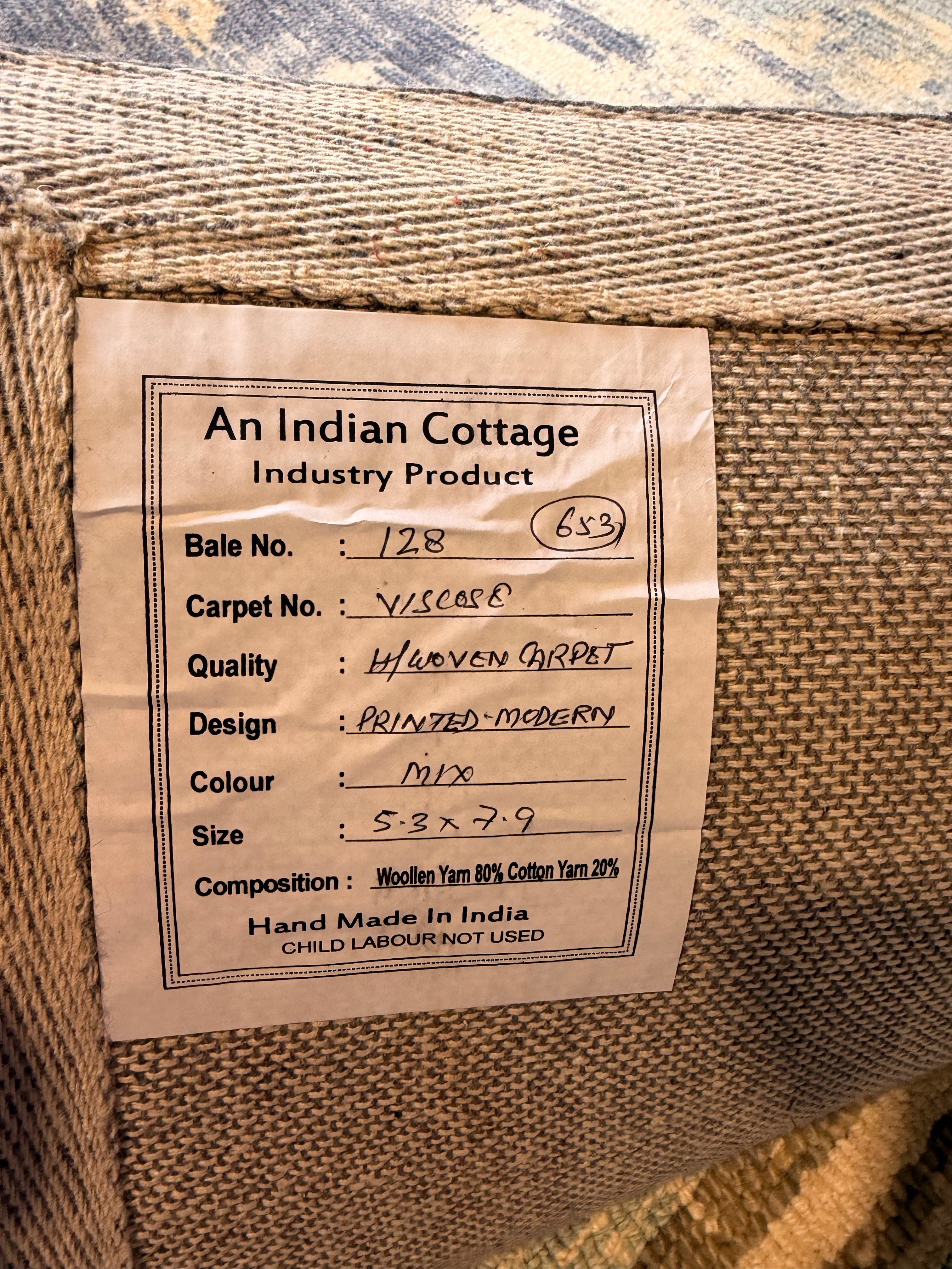 Rex 5.3x7.9 Handwoven Aqua & Ivory Printed Viscose