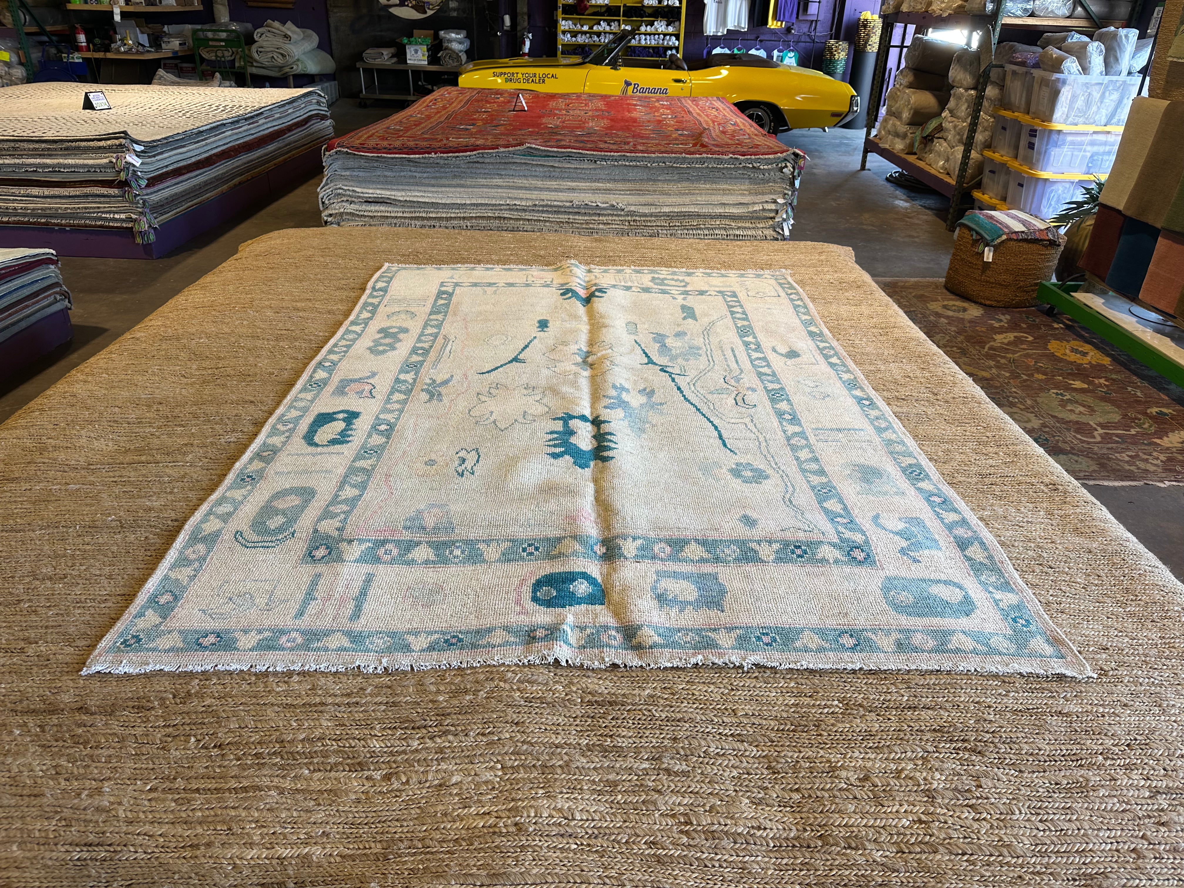 Emily Ferrier 5.4x7.6 Cream Blue Whitewashed Afghani Oushak Rug