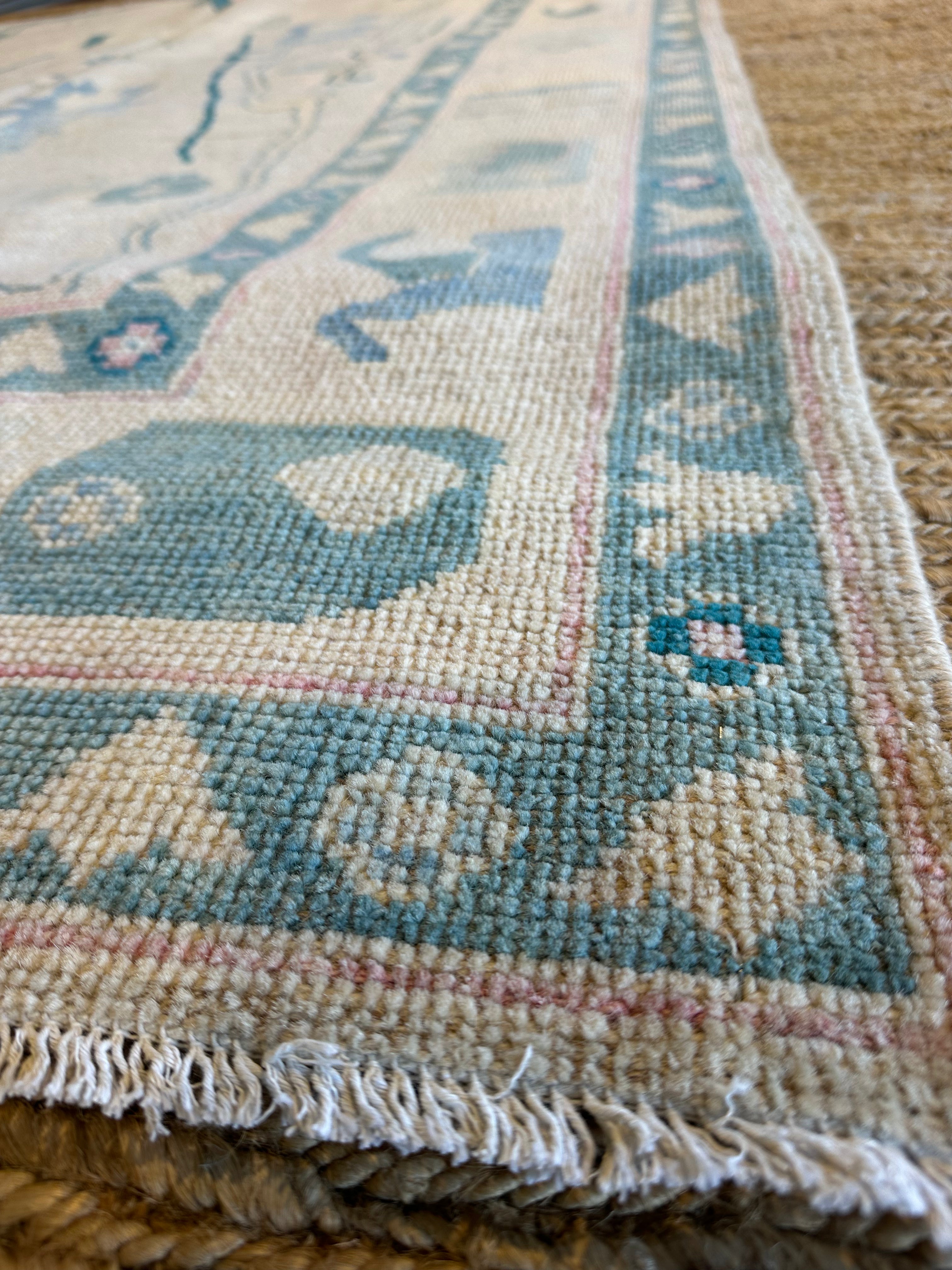 Emily Ferrier 5.4x7.6 Cream Blue Whitewashed Afghani Oushak Rug