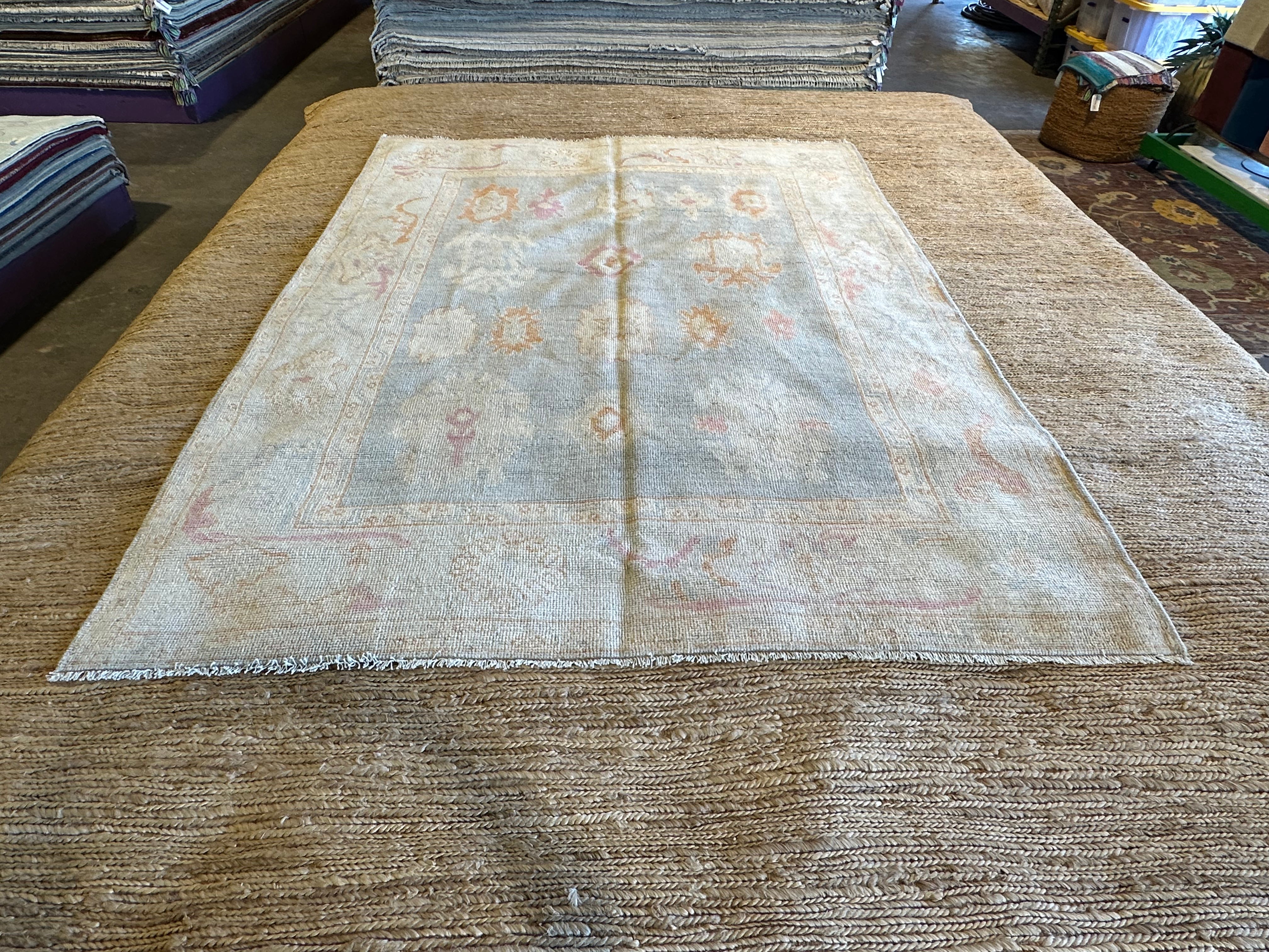 Cara Adams 5.6x7.5 Cream Blue Whitewashed Afghani Oushak Rug