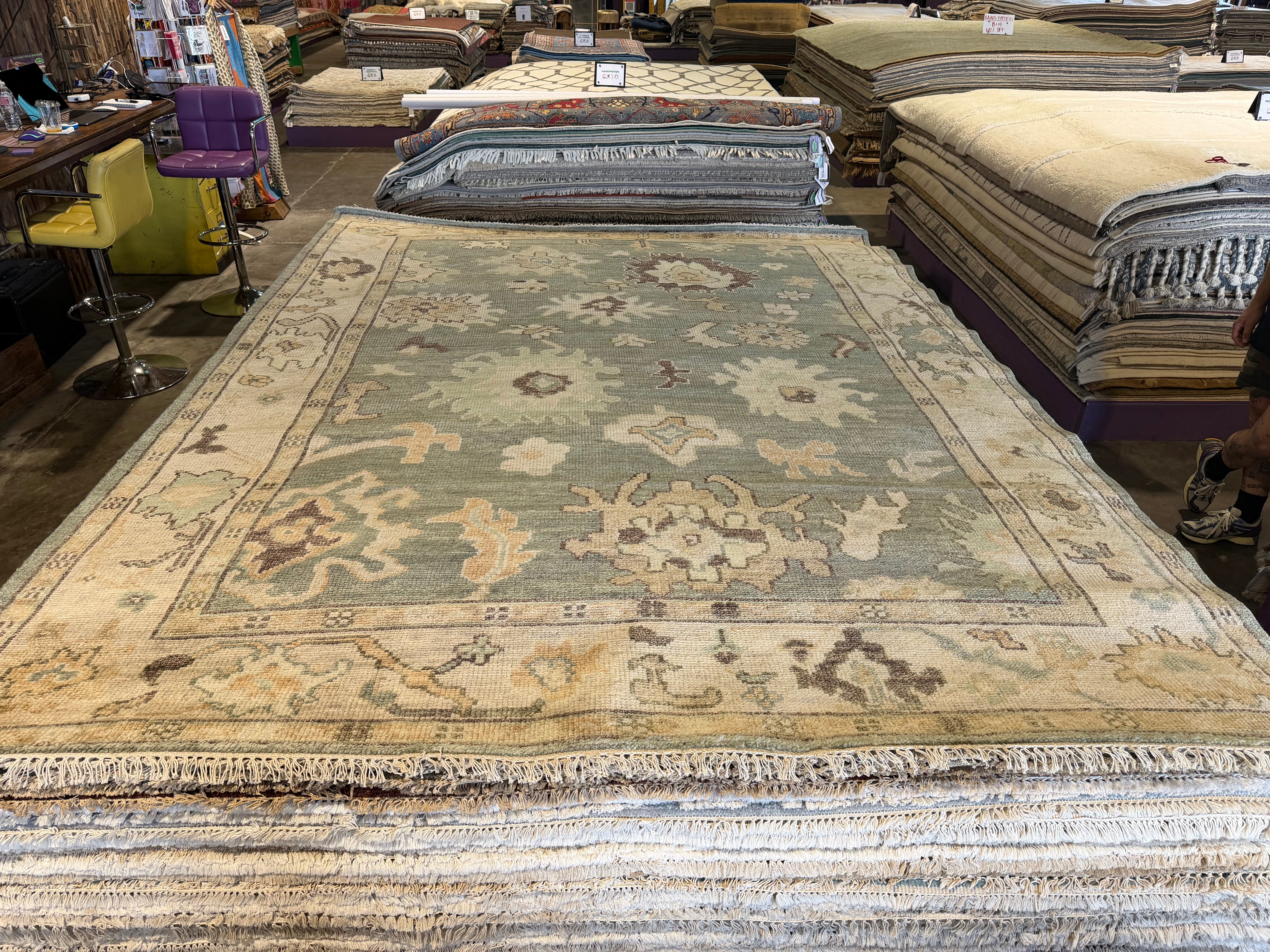 Elise de Wolfe 8x10 Green Hand-Knotted Oushak Rug