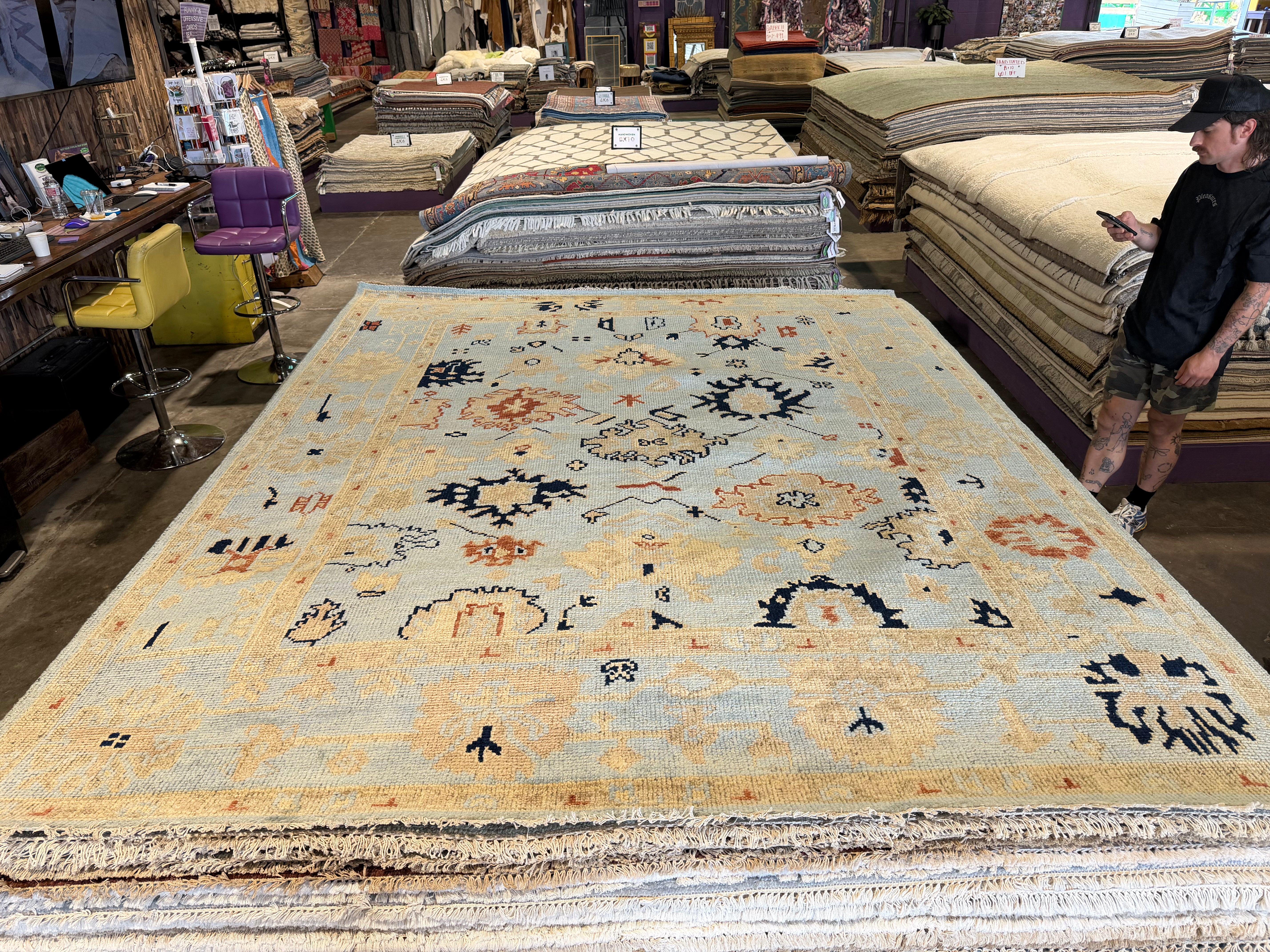 Kelly Bean 8x10 Blue Hand-Knotted Oushak Rug