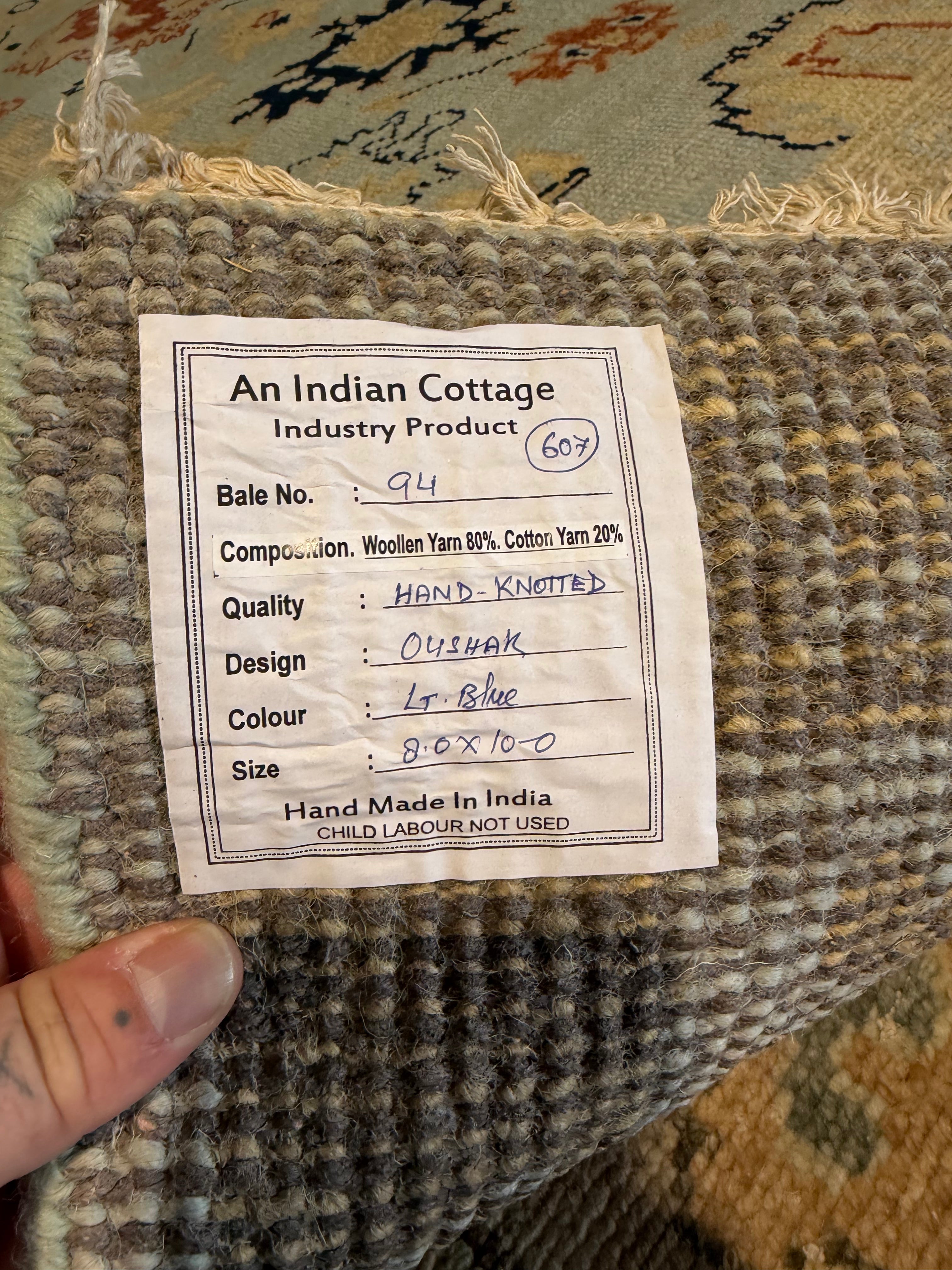 Kelly Bean 8x10 Blue Hand-Knotted Oushak Rug