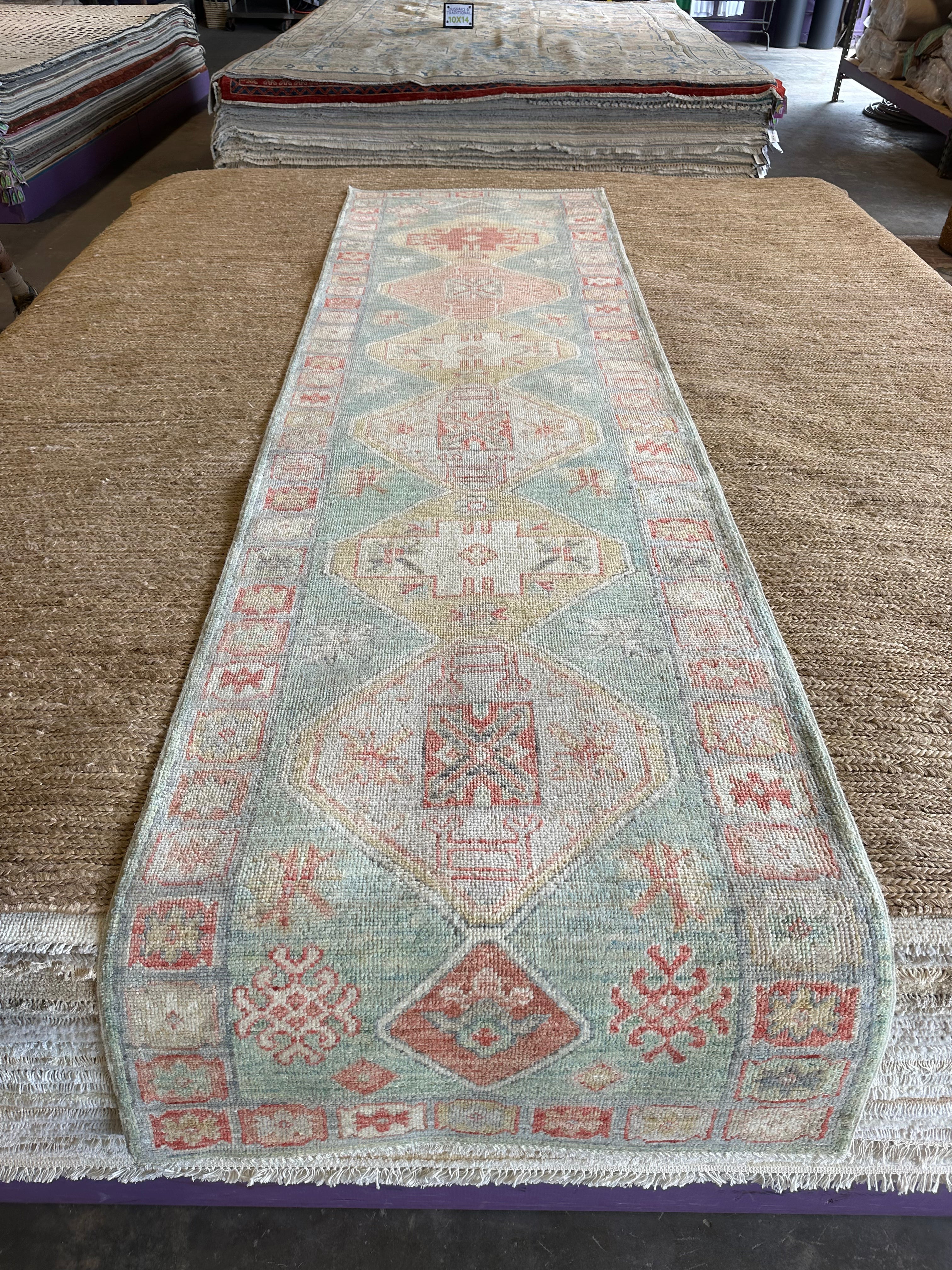 Rachel Mathews 3x11 Teal Red Whitewashed Afghani Oushak Runner