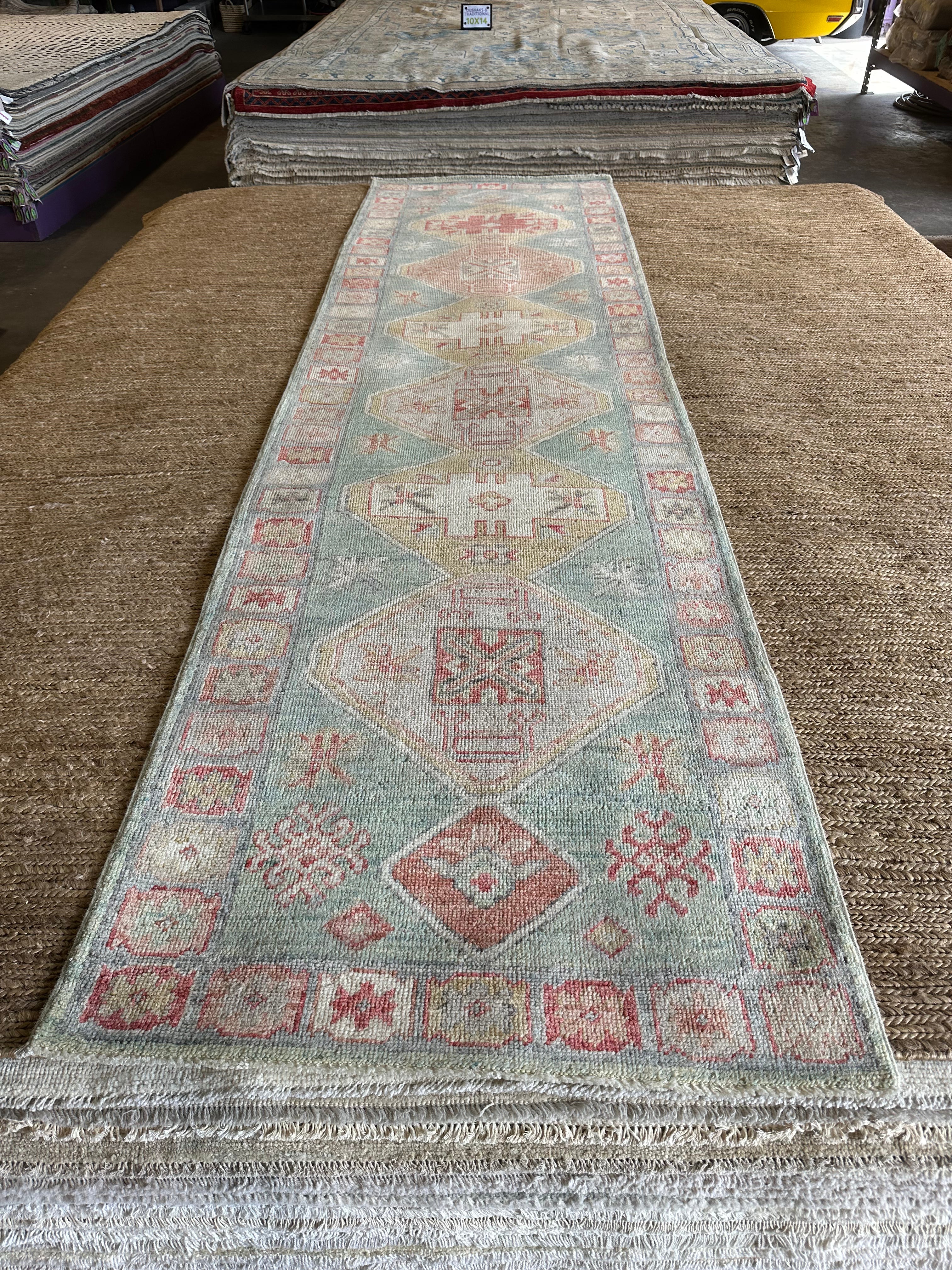 Anna Pogossyan 3x11.2 Teal Red Whitewashed Afghani Oushak Runner