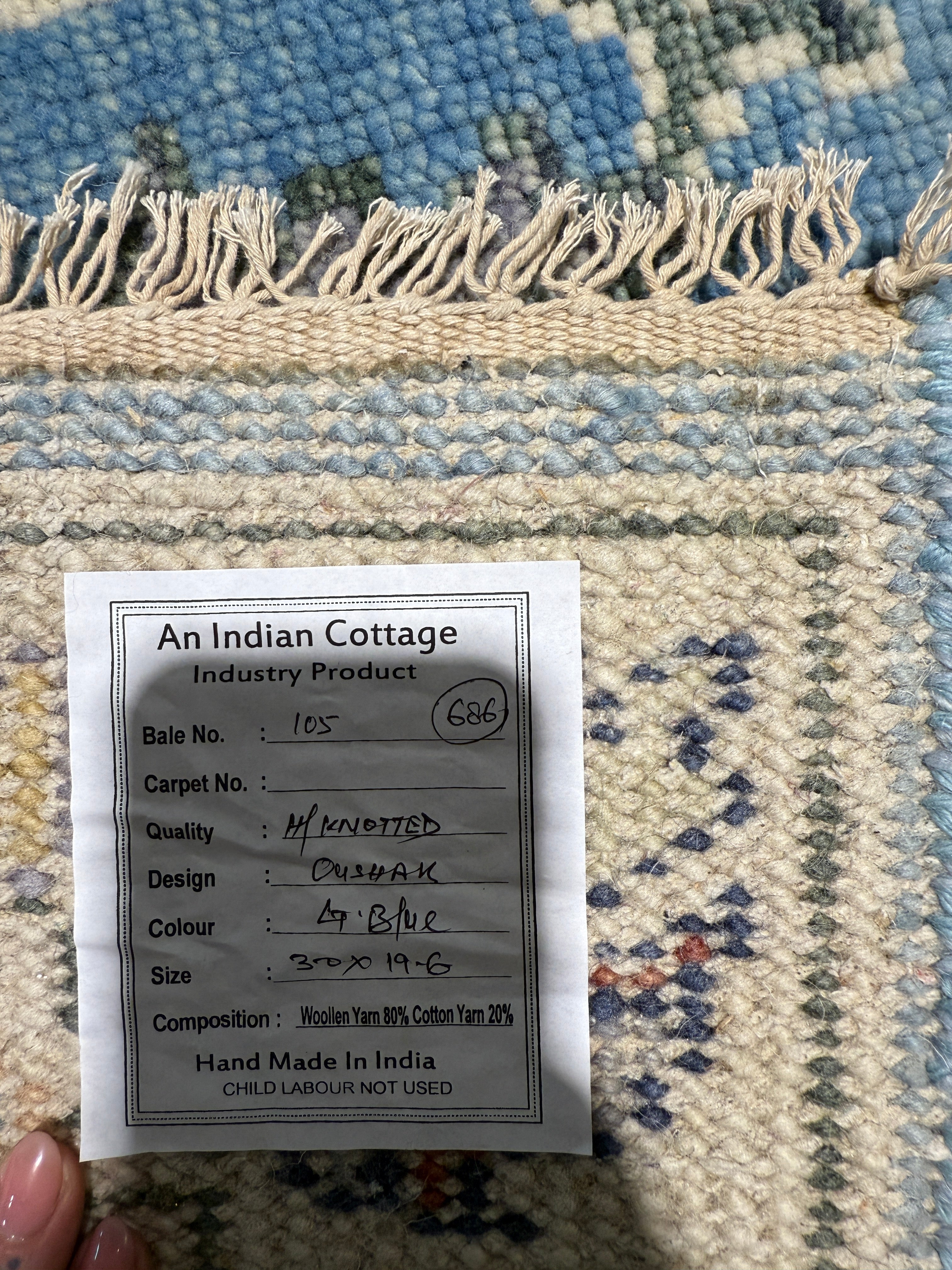 Gabriela 3x19.6 Blue Hand-Knotted Oushak Runner