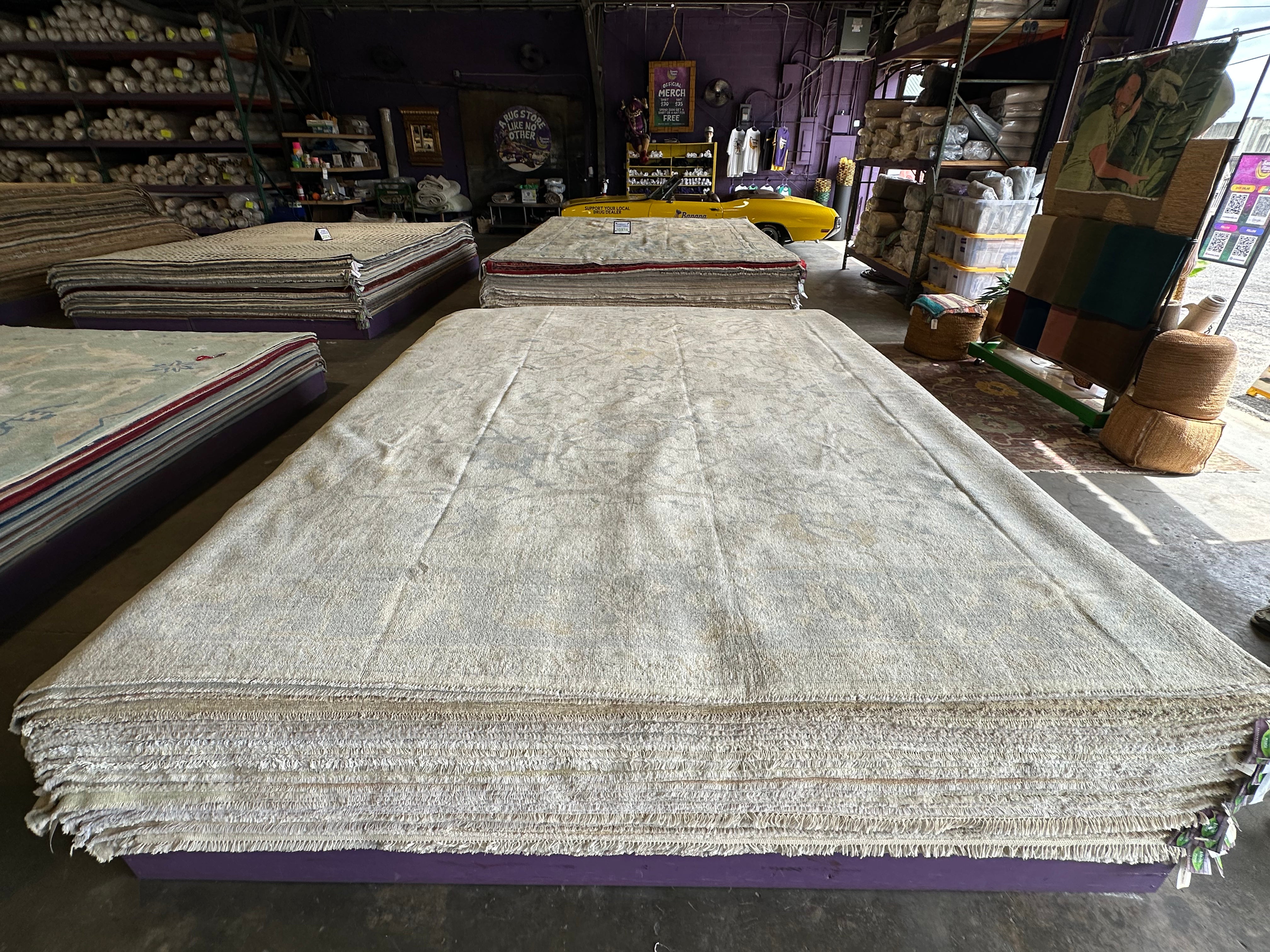 Silvia Platsis 9.1x12 Cream & Blue Whitewashed Afghani Oushak Rug