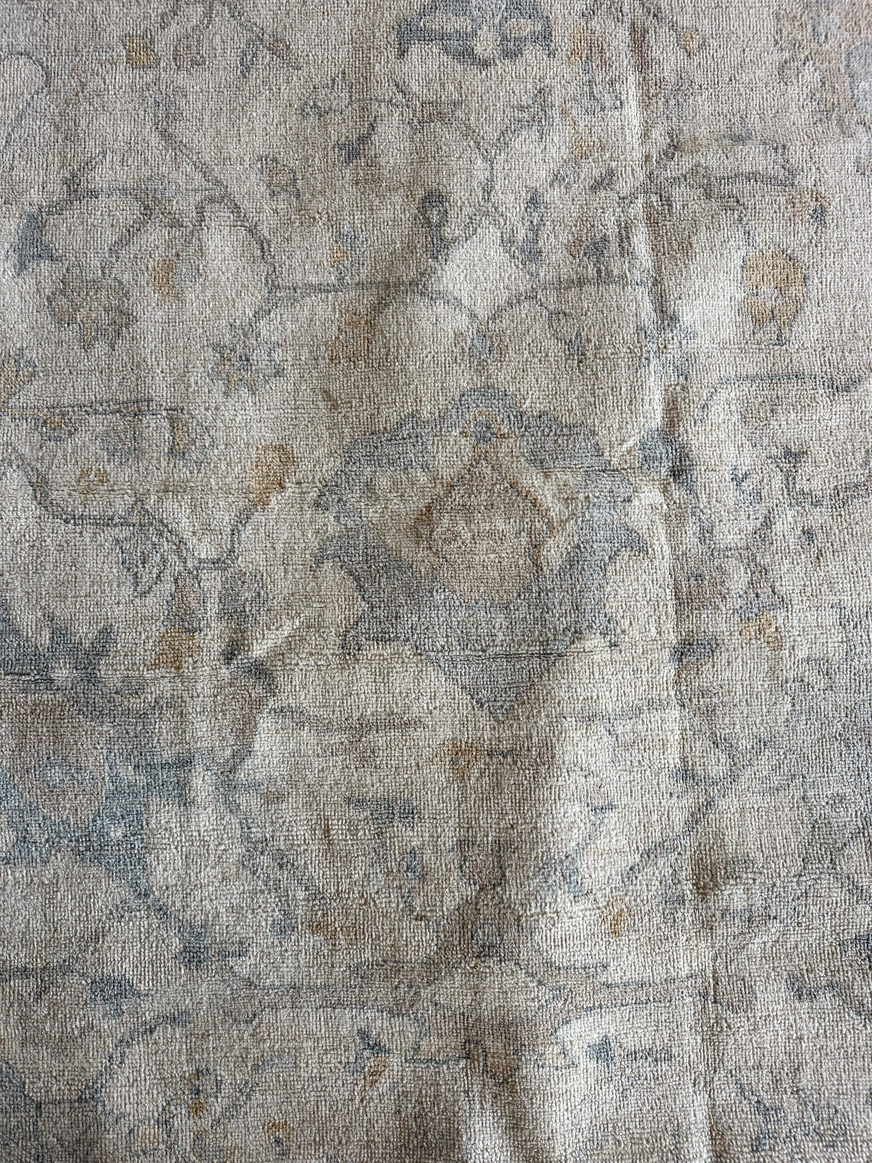 Silvia Platsis 9.1x12 Cream & Blue Whitewashed Afghani Oushak Rug