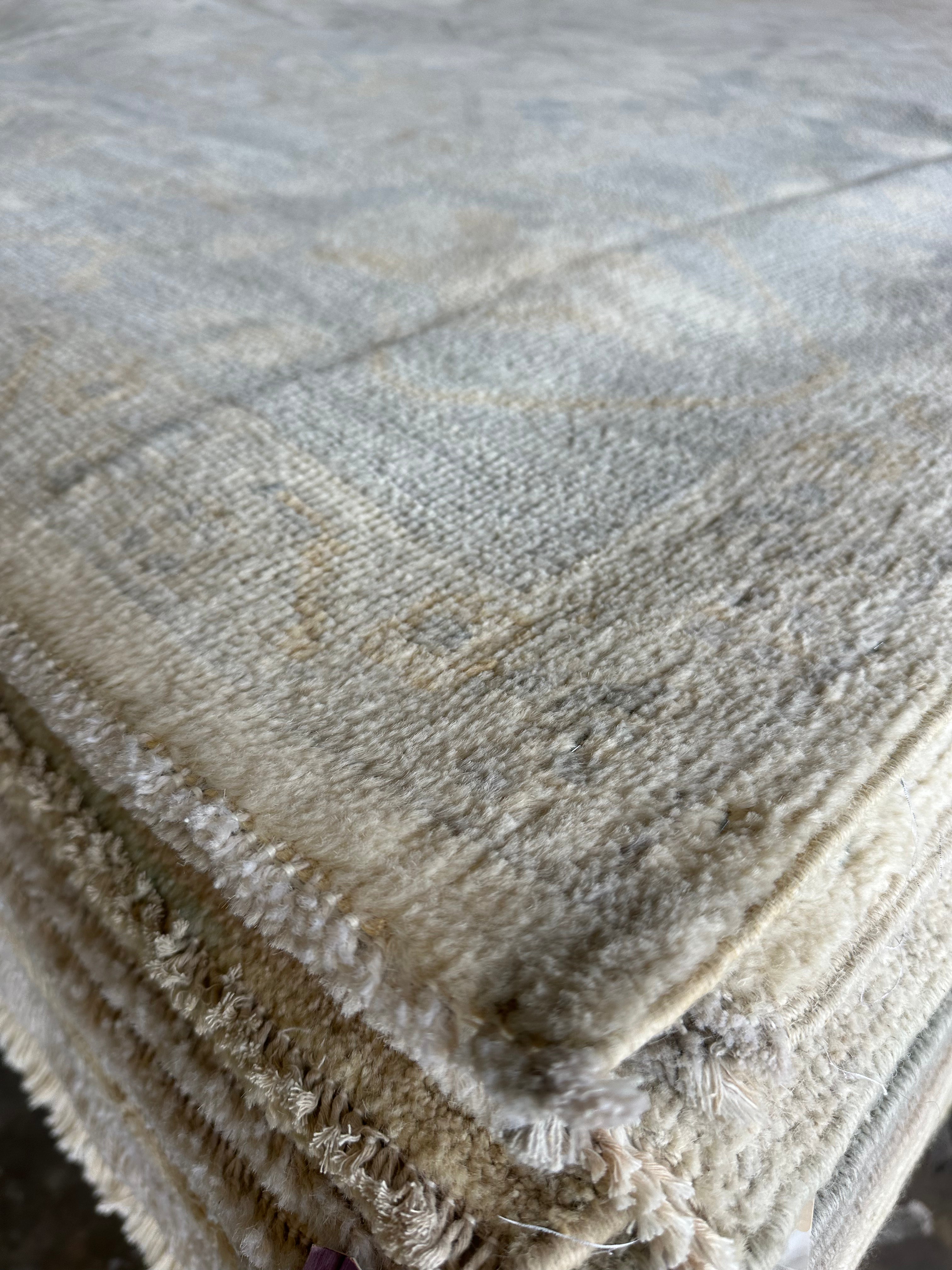 Silvia Platsis 9.1x12 Cream & Blue Whitewashed Afghani Oushak Rug