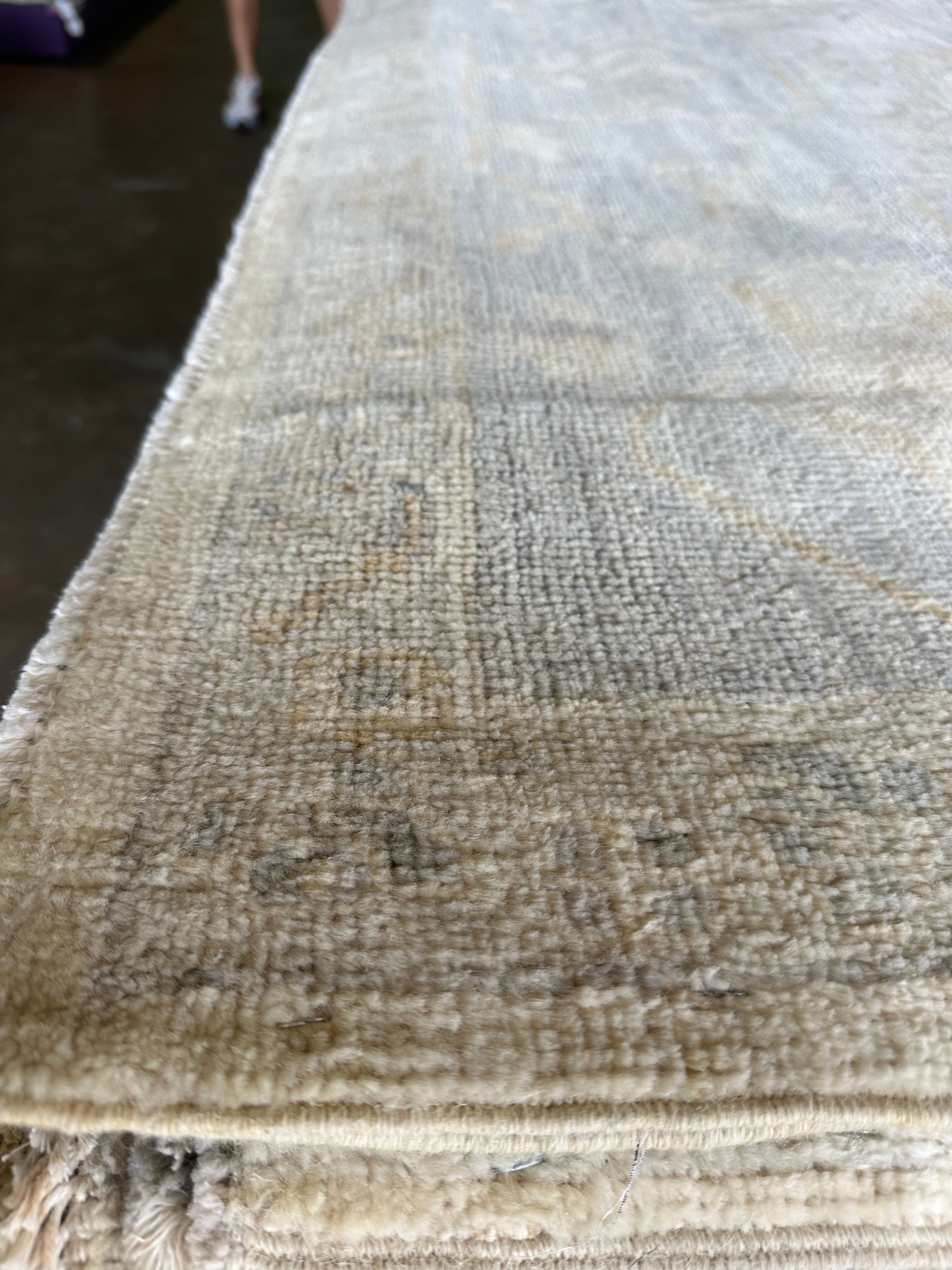 Silvia Platsis 9.1x12 Cream & Blue Whitewashed Afghani Oushak Rug