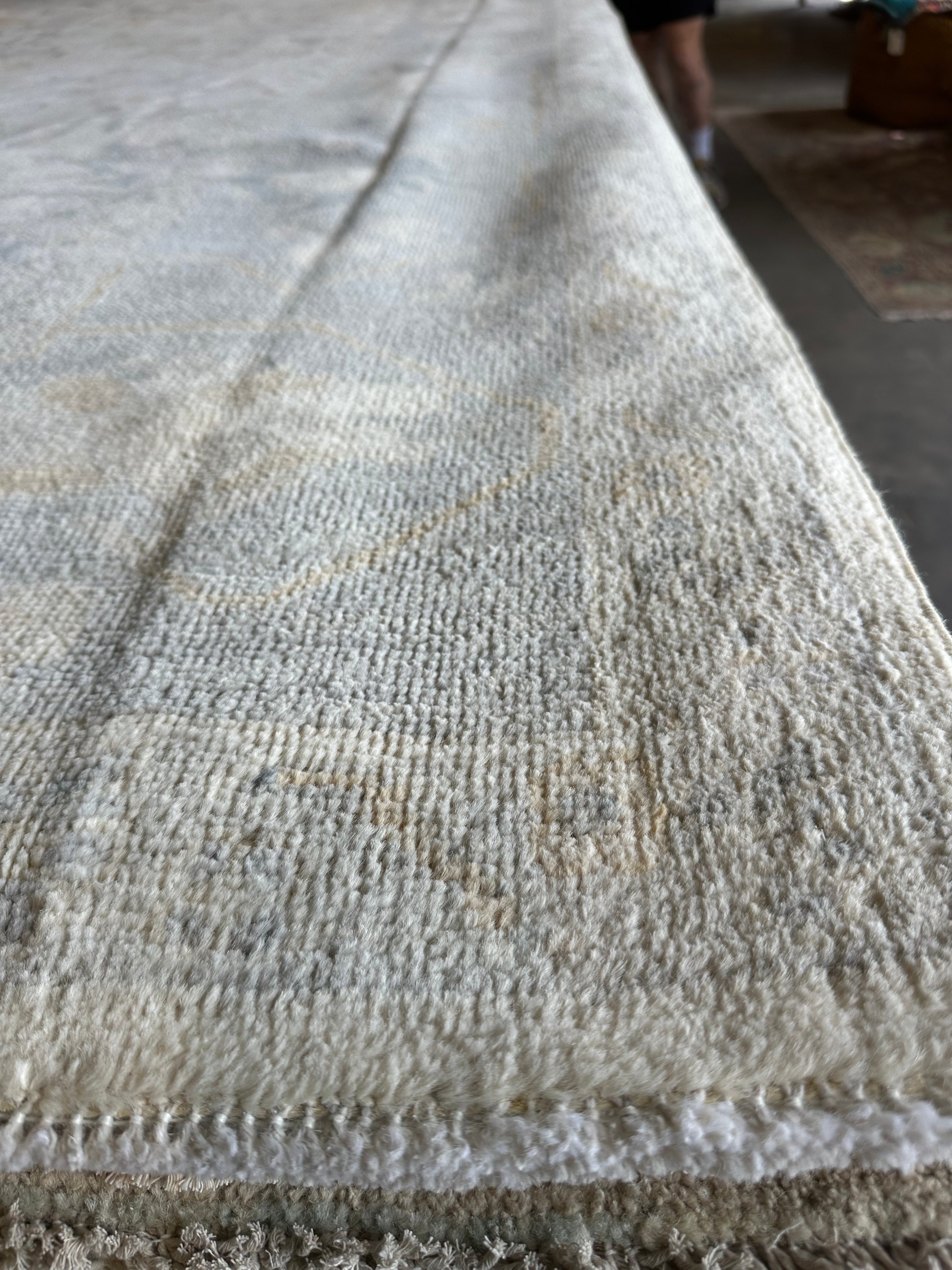 Silvia Platsis 9.1x12 Cream & Blue Whitewashed Afghani Oushak Rug