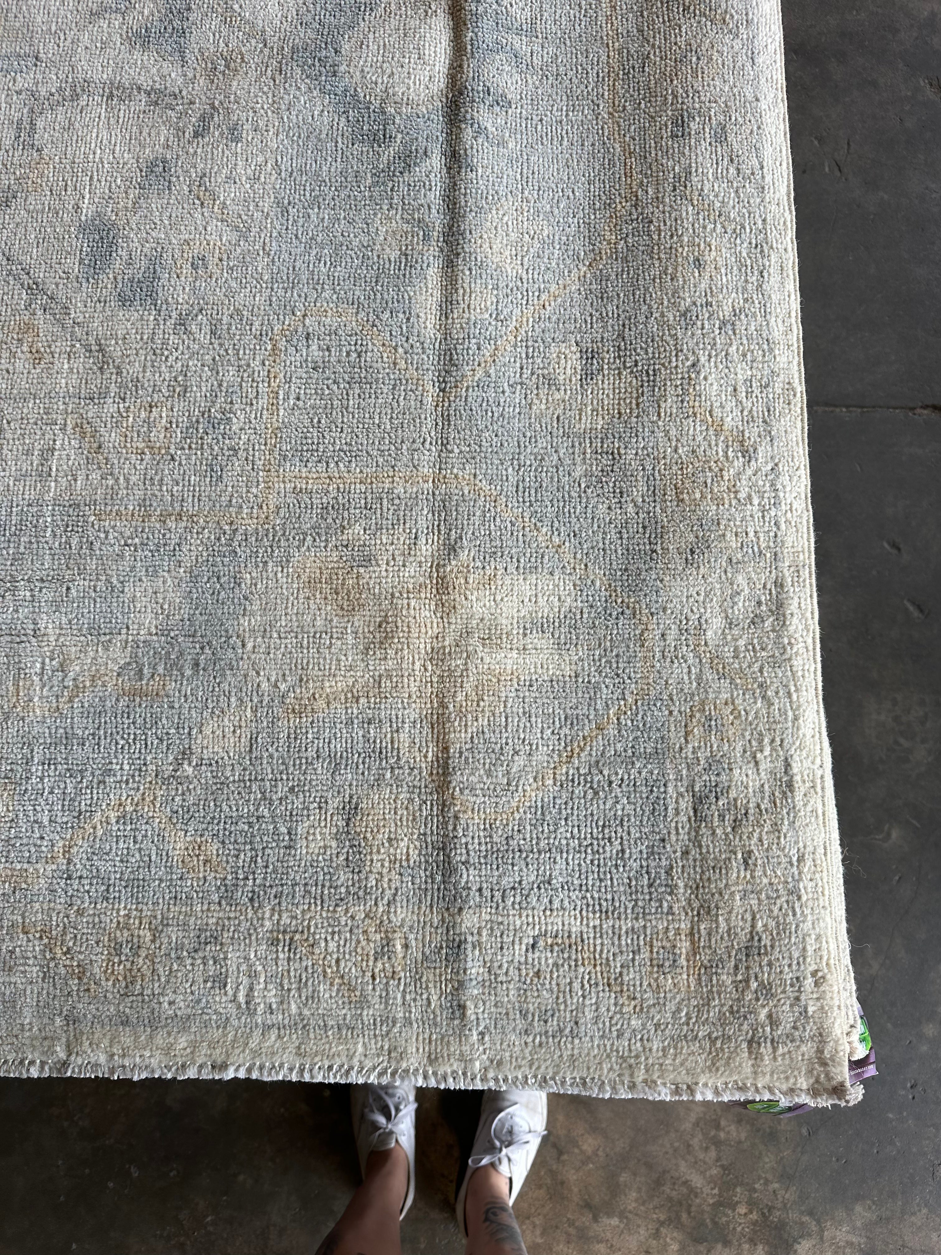 Silvia Platsis 9.1x12 Cream & Blue Whitewashed Afghani Oushak Rug