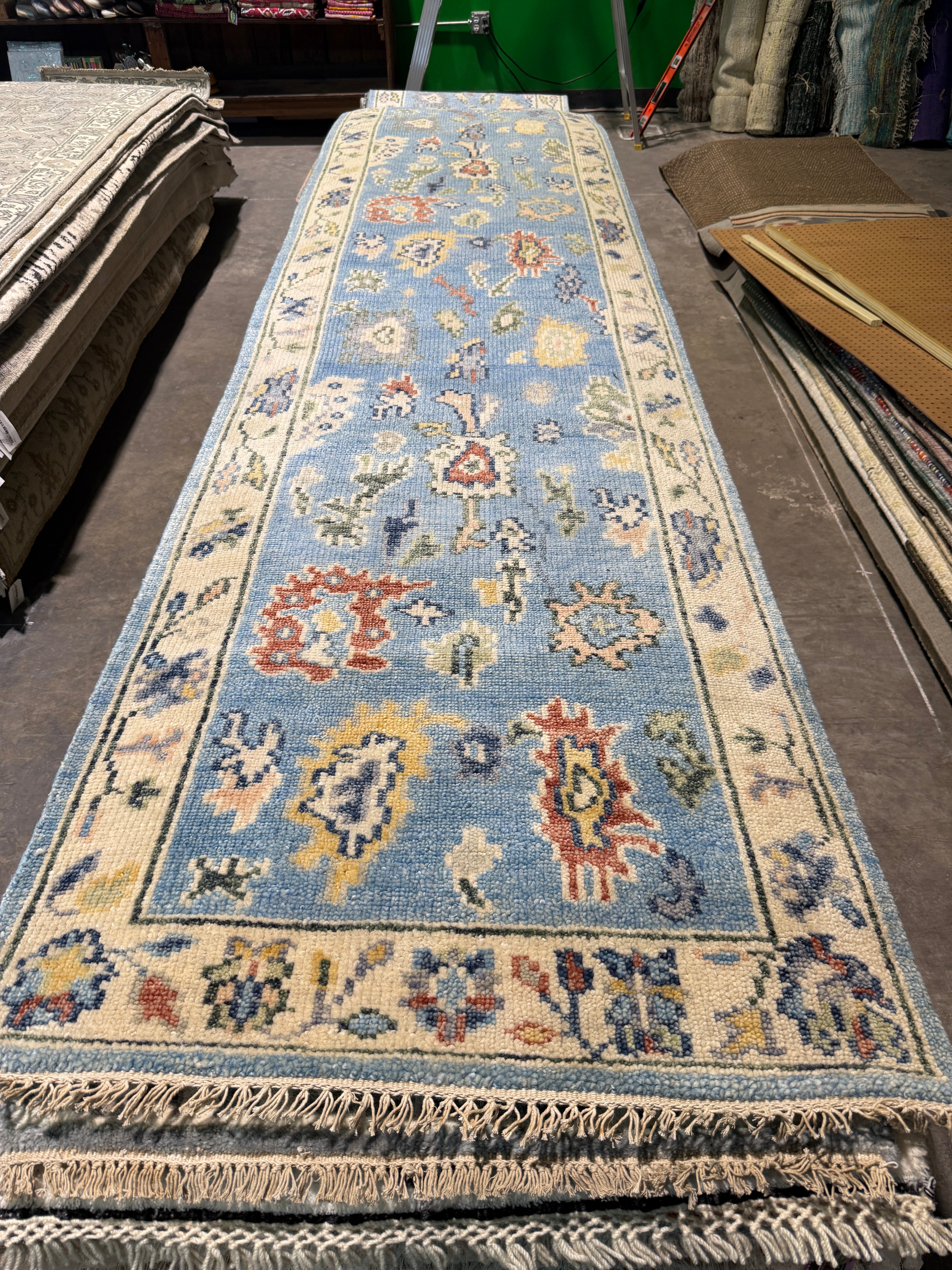 Michelle Choi-Lee 3x16.6 Hand-Knotted Blue and Beige Oushak Runner