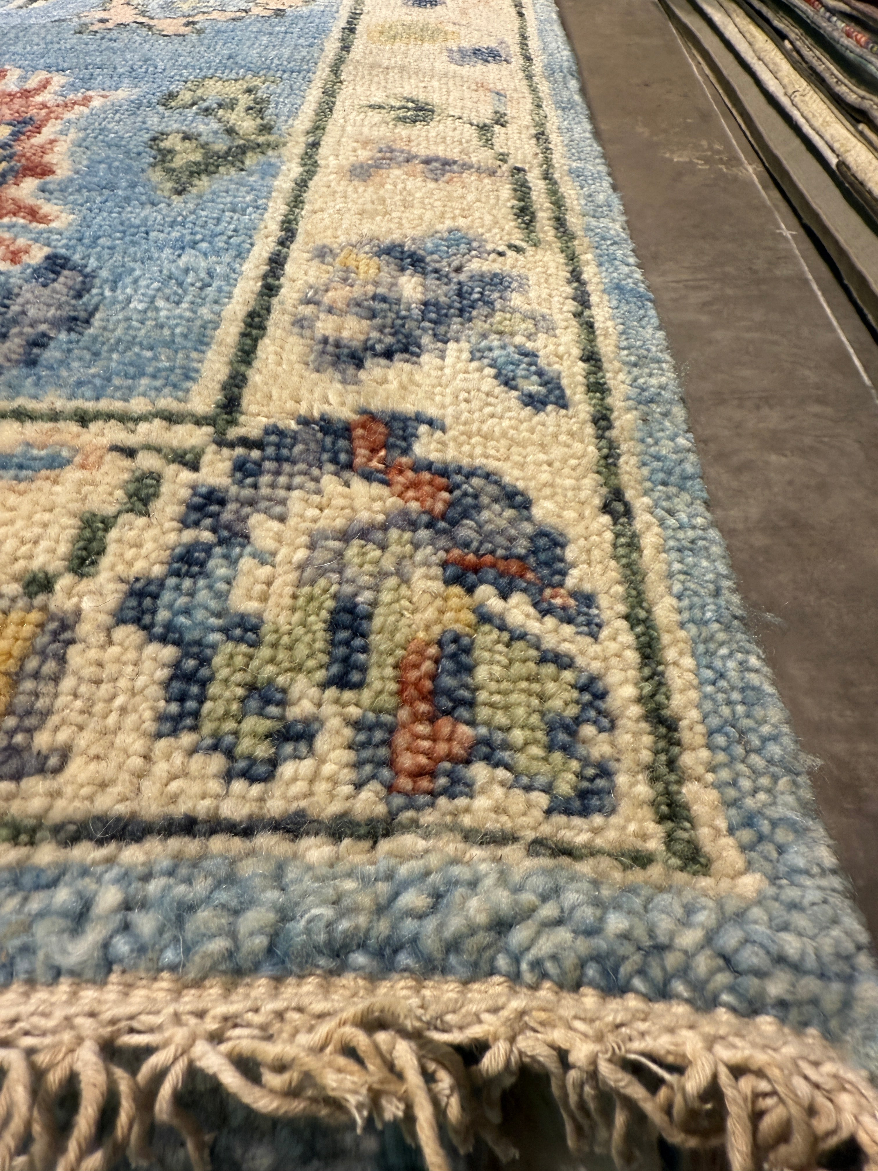 Michelle Choi-Lee 3x16.6 Hand-Knotted Blue and Beige Oushak Runner