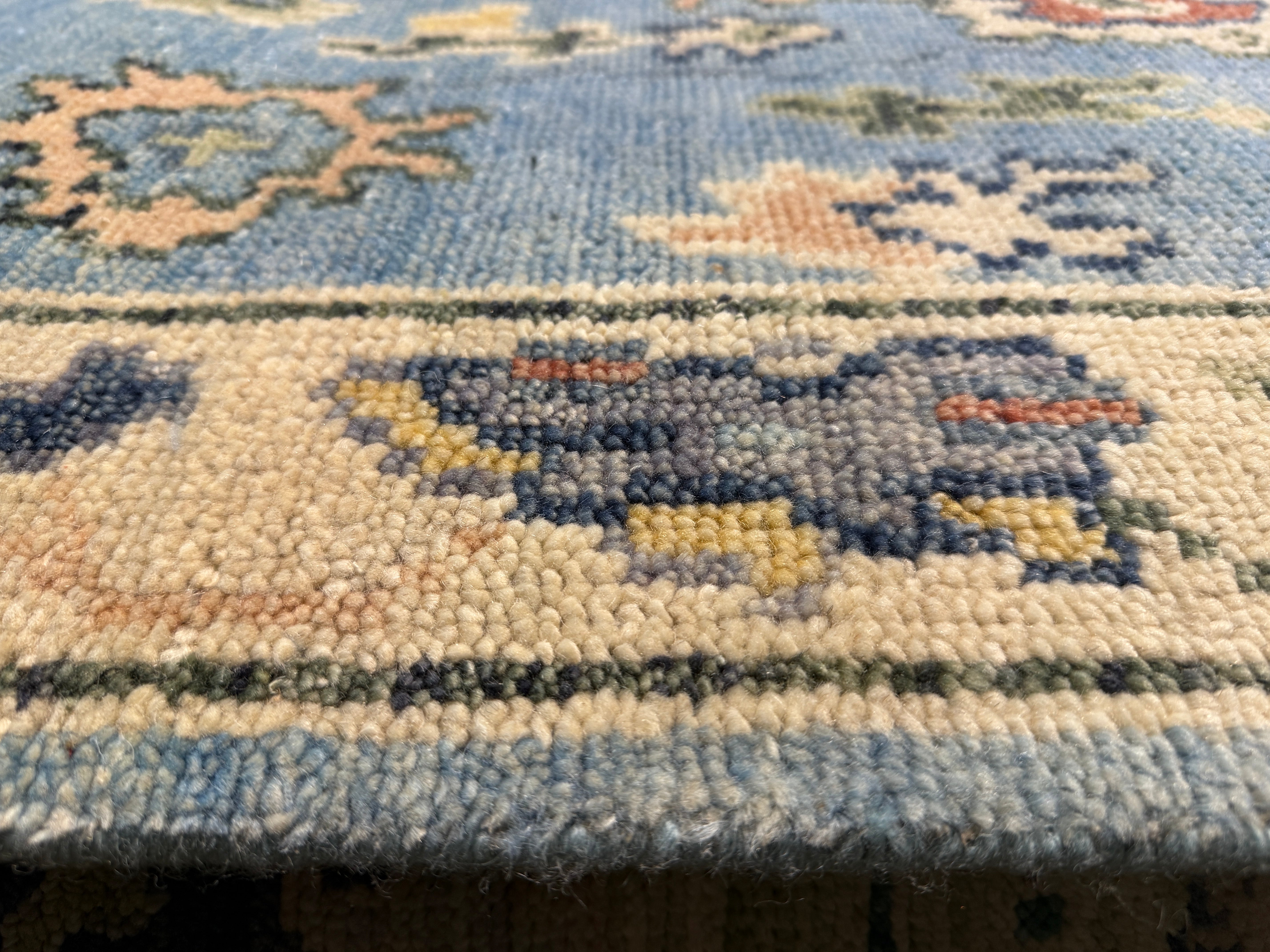 Michelle Choi-Lee 3x16.6 Hand-Knotted Blue and Beige Oushak Runner