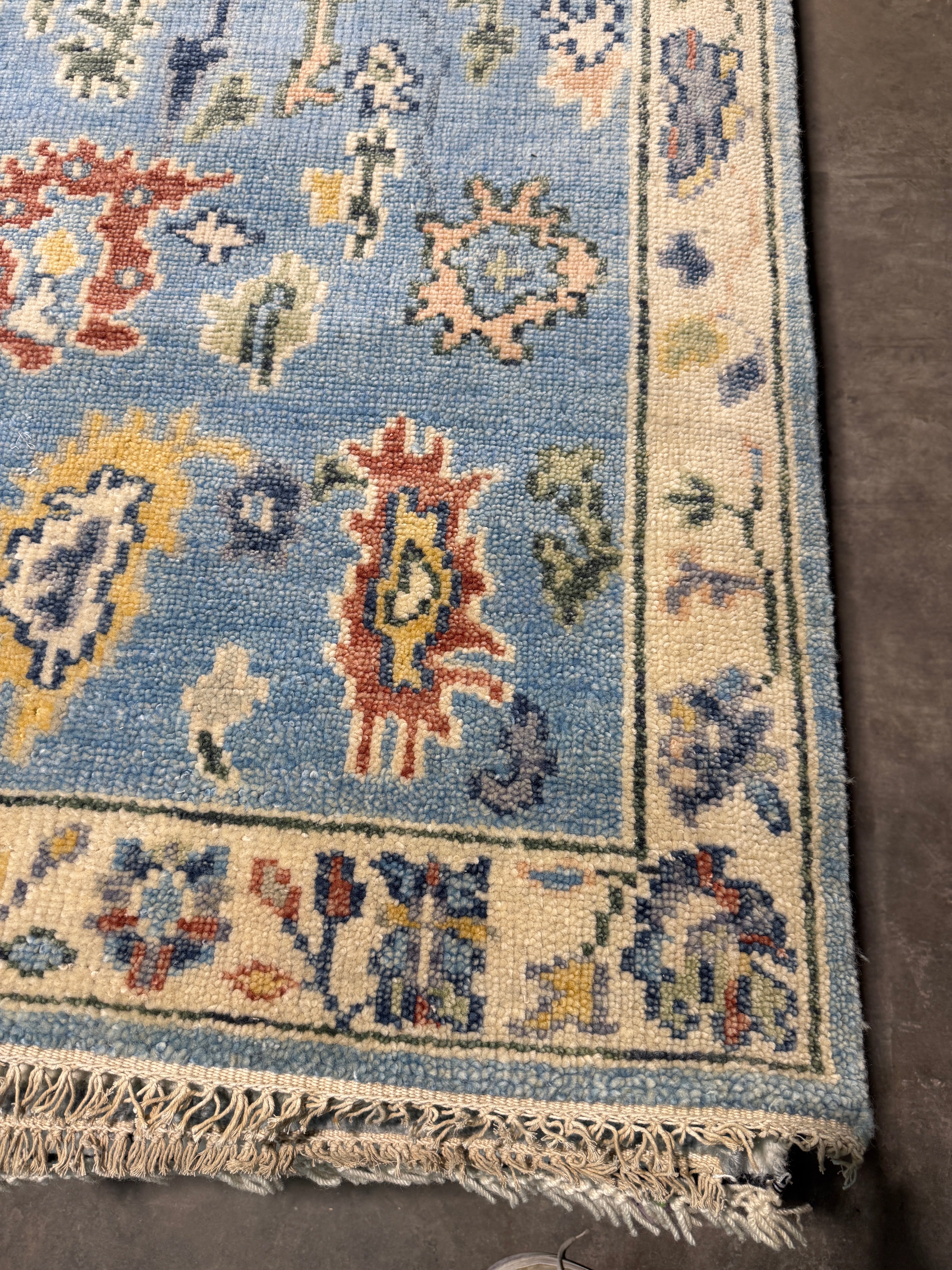 Michelle Choi-Lee 3x16.6 Hand-Knotted Blue and Beige Oushak Runner