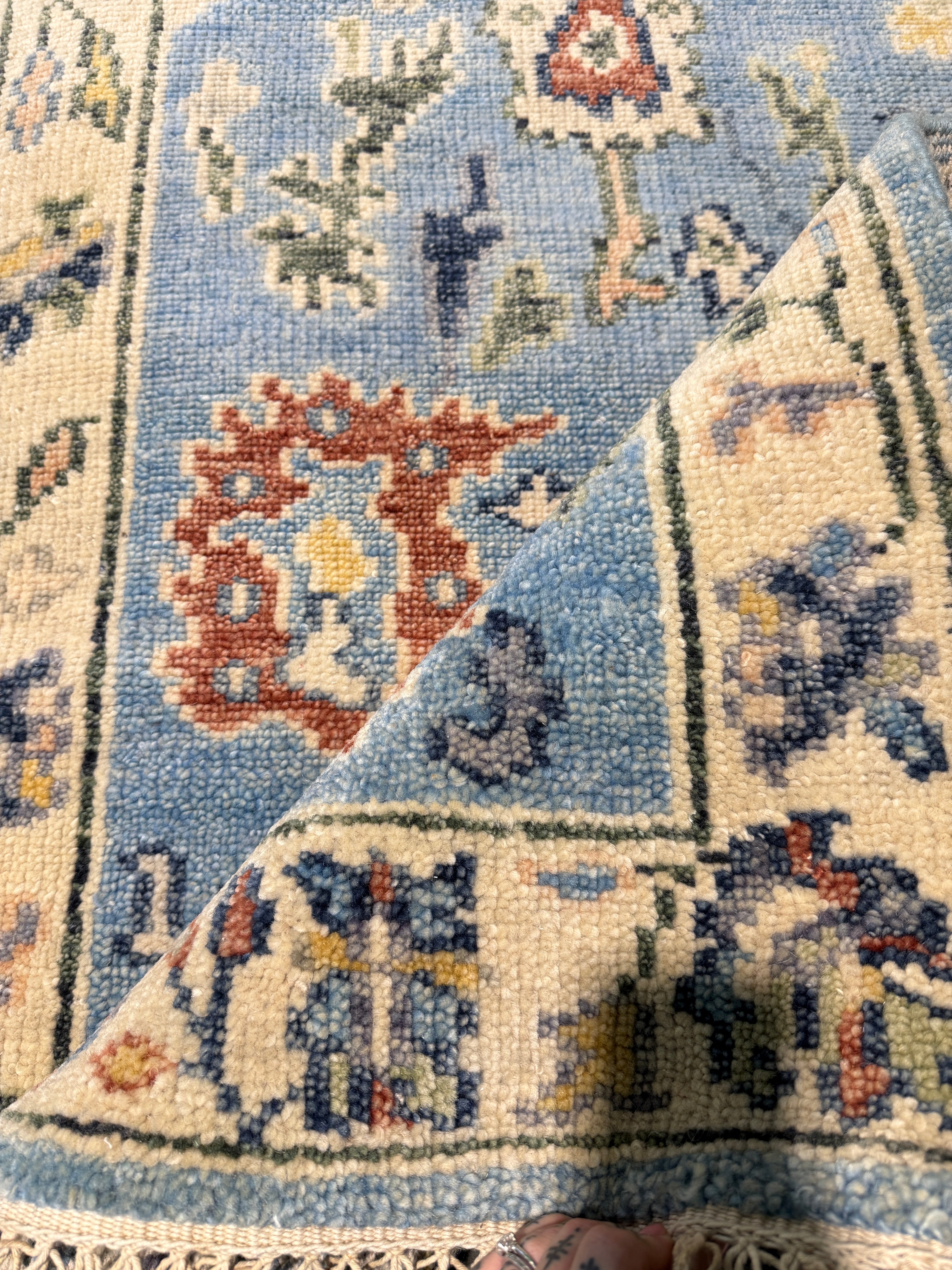 Michelle Choi-Lee 3x16.6 Hand-Knotted Blue and Beige Oushak Runner