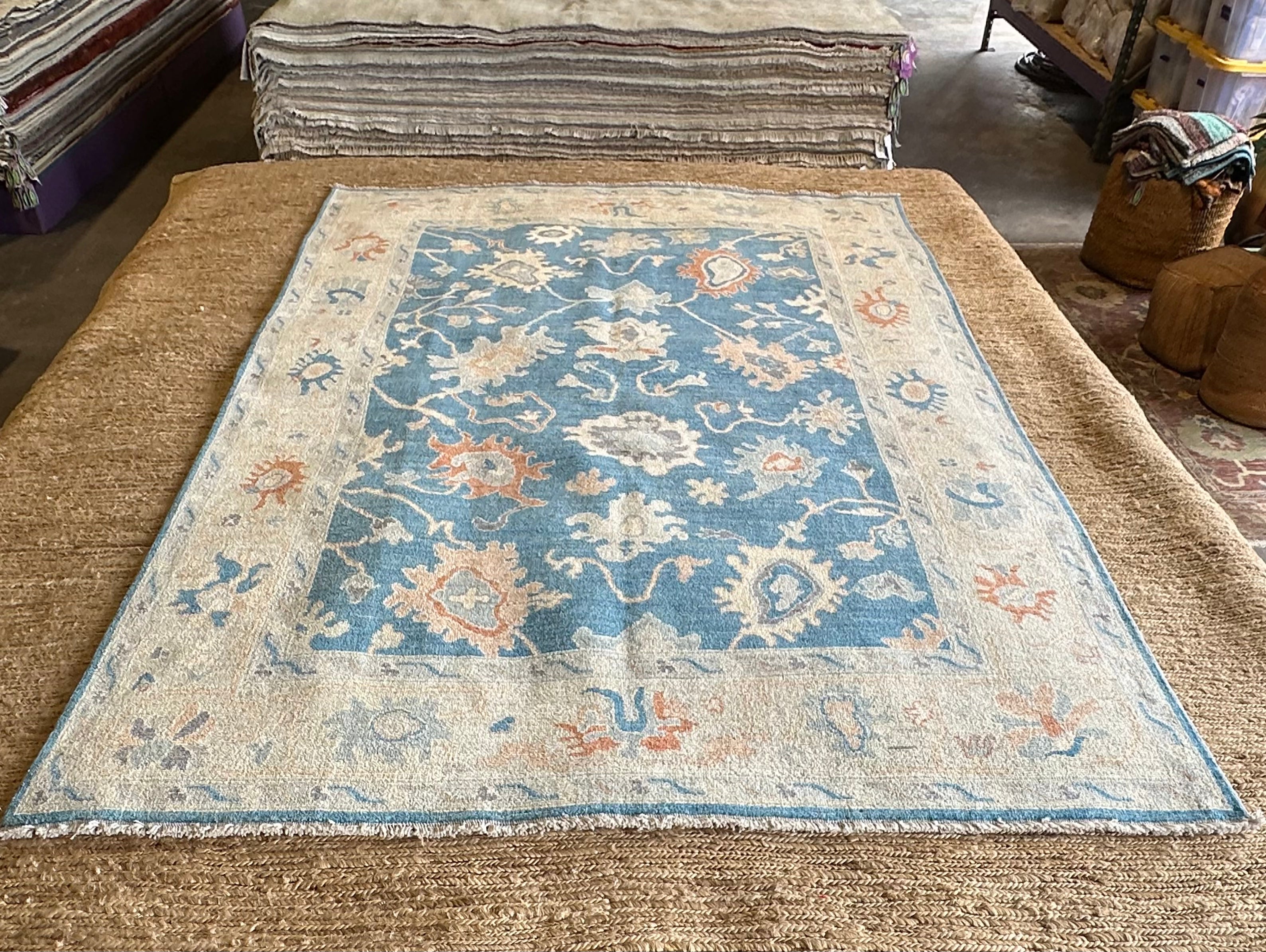 Noga Blume 6.1x9 Blue Afghani Whitewashed Oushak