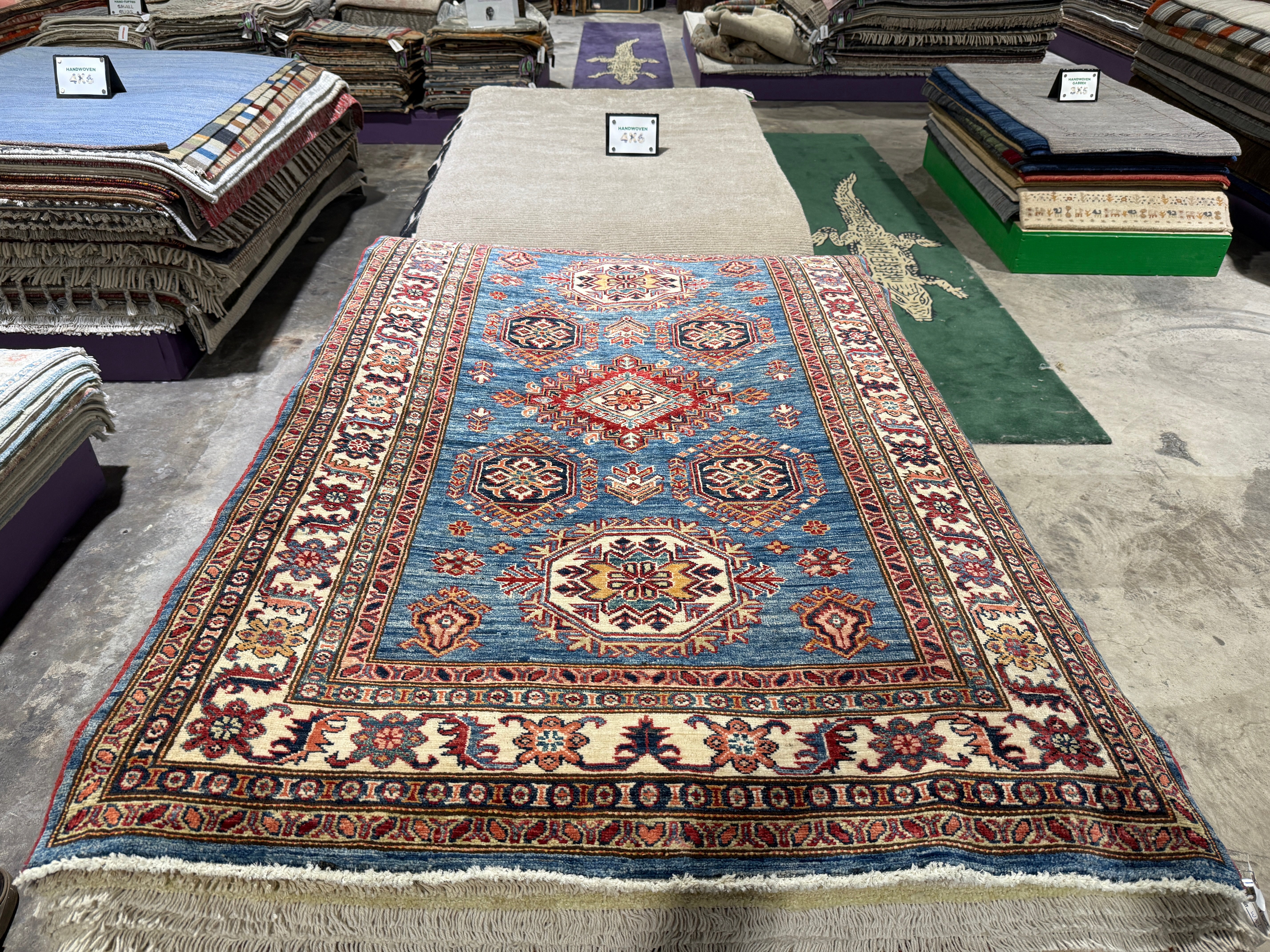 Valeria Cervello 4.2x6.5 Afghani Kazak Blue Rug