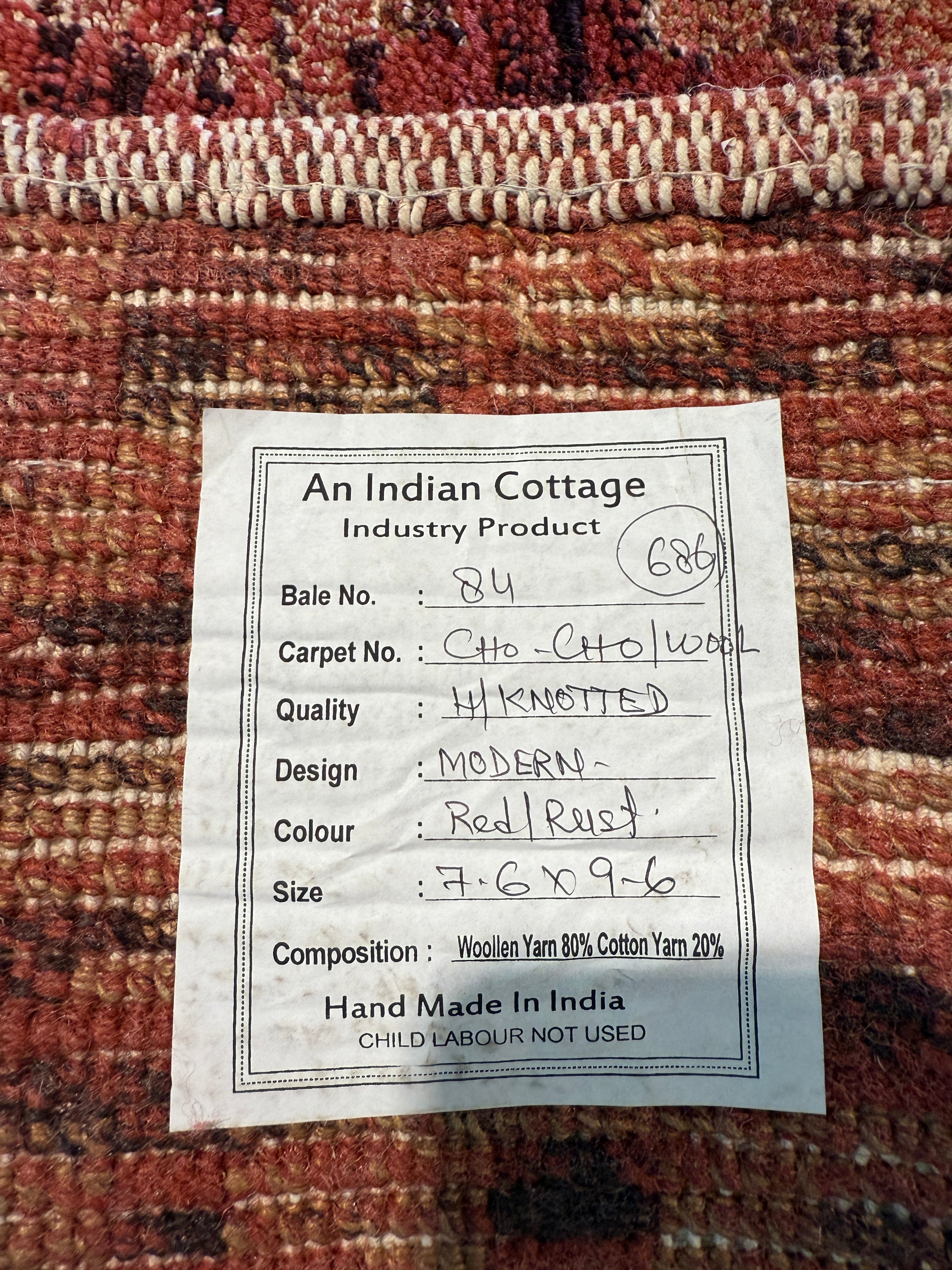 C.O. Bassett 7.6x9.6 Red Hand-Knotted Modern Rug
