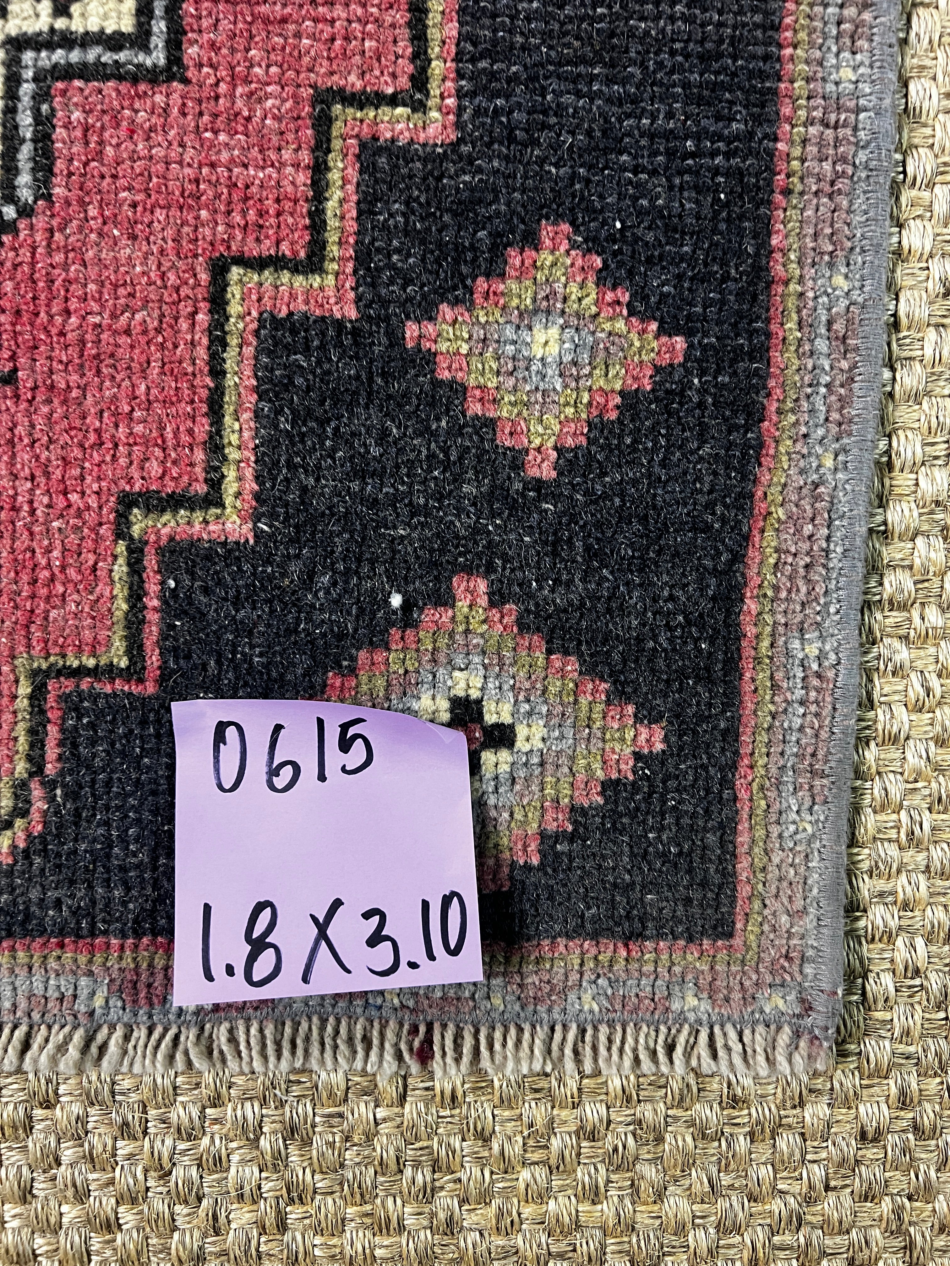 Vintage 1.8x3.10 Turkish Dark Pink and Black Oushak Small Rug