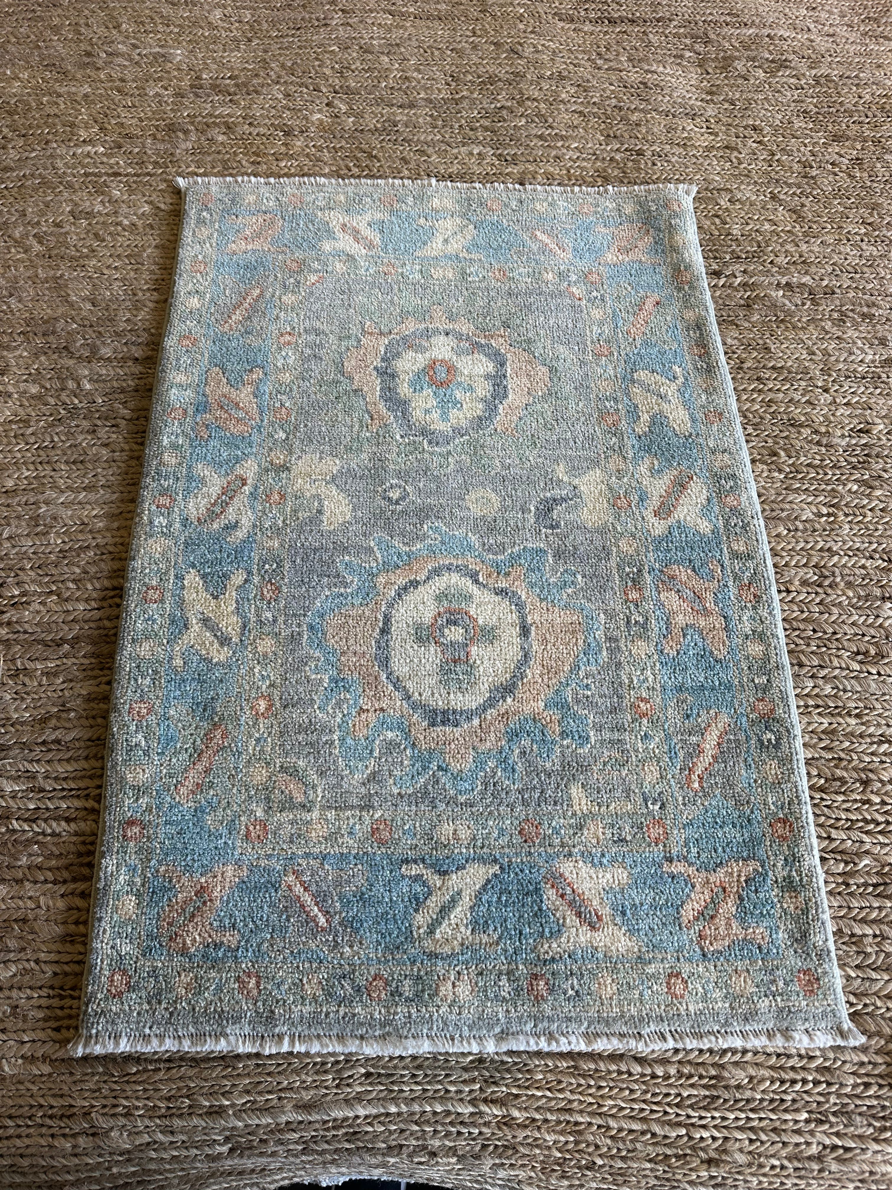 Laysla De Oliveira 2x3 Blue Afghani Whitewashed Oushak