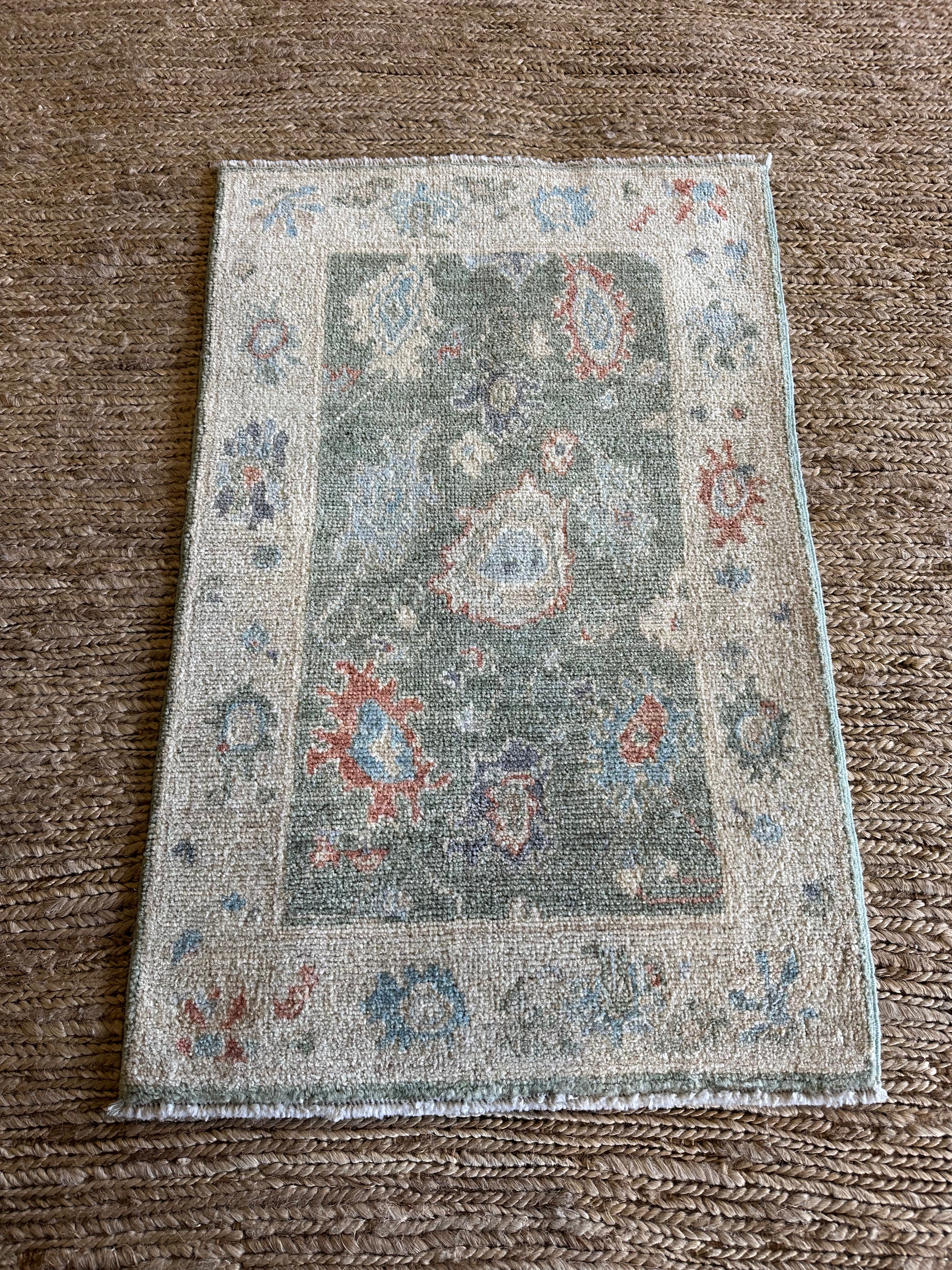 Mary Prendergast 2x3 Green Afghani Whitewashed Oushak